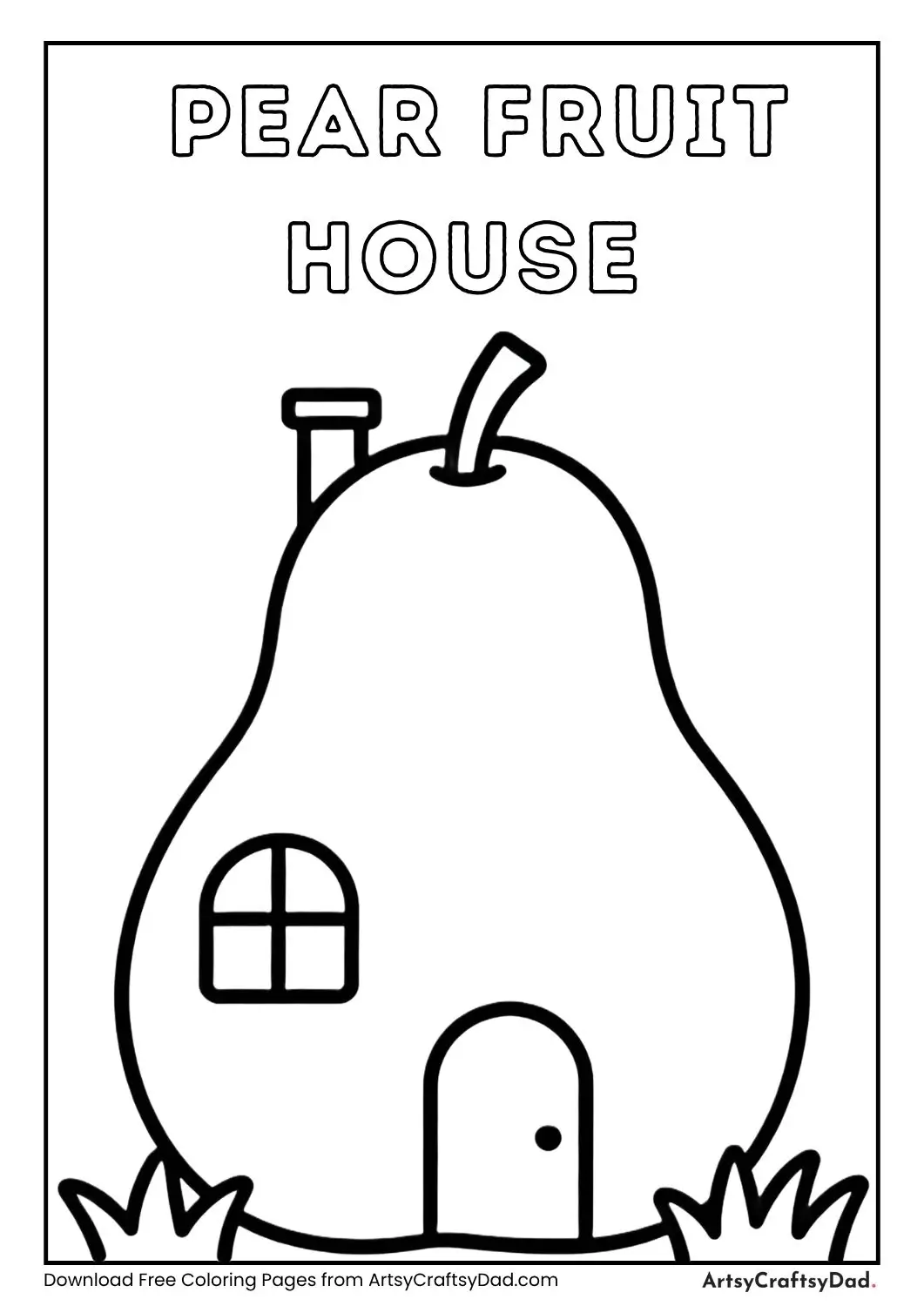 Simple pear shaped house black and white coloring page with door and window