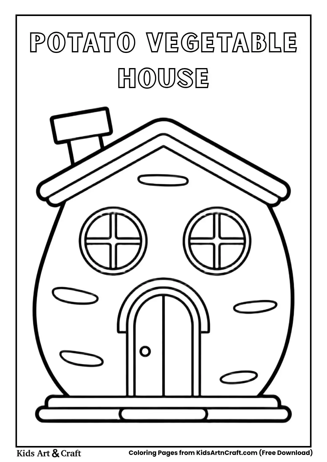 Potato shaped house black and white coloring page with simple windows and door