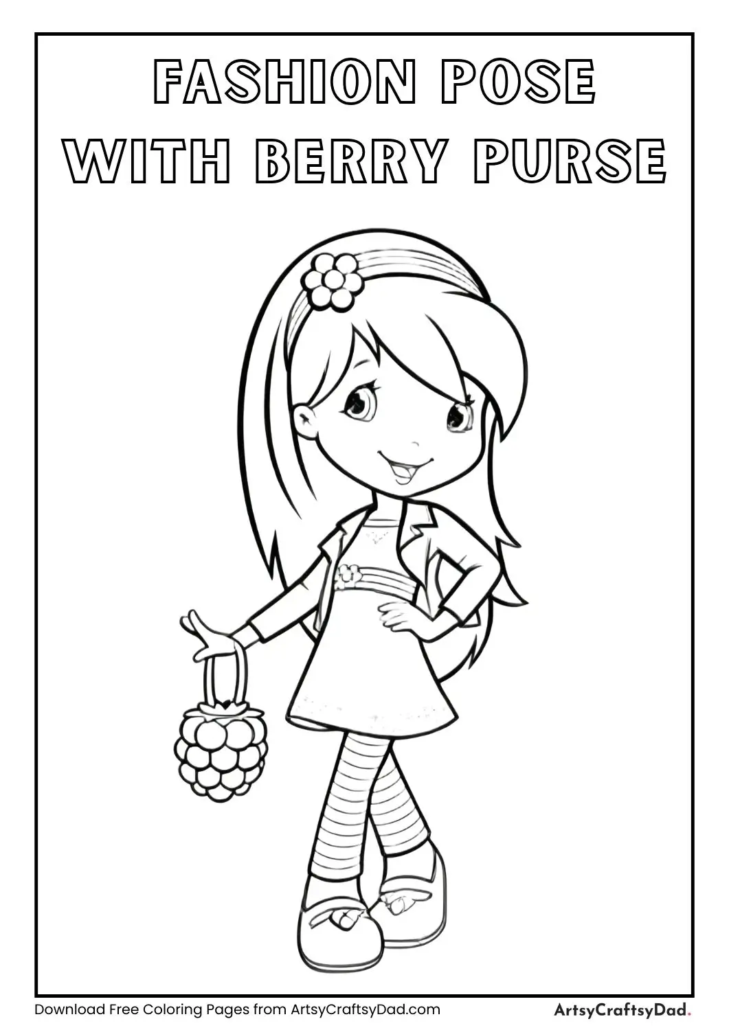 Fashionable girl with raspberry purse smiling at viewer