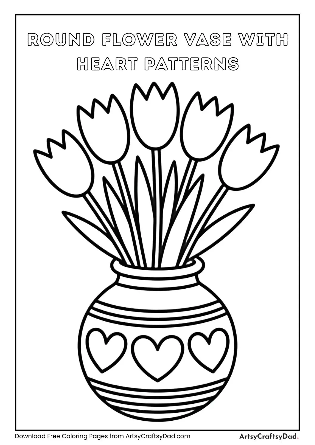 Round flower vase coloring page with heart patterns and simple flowers