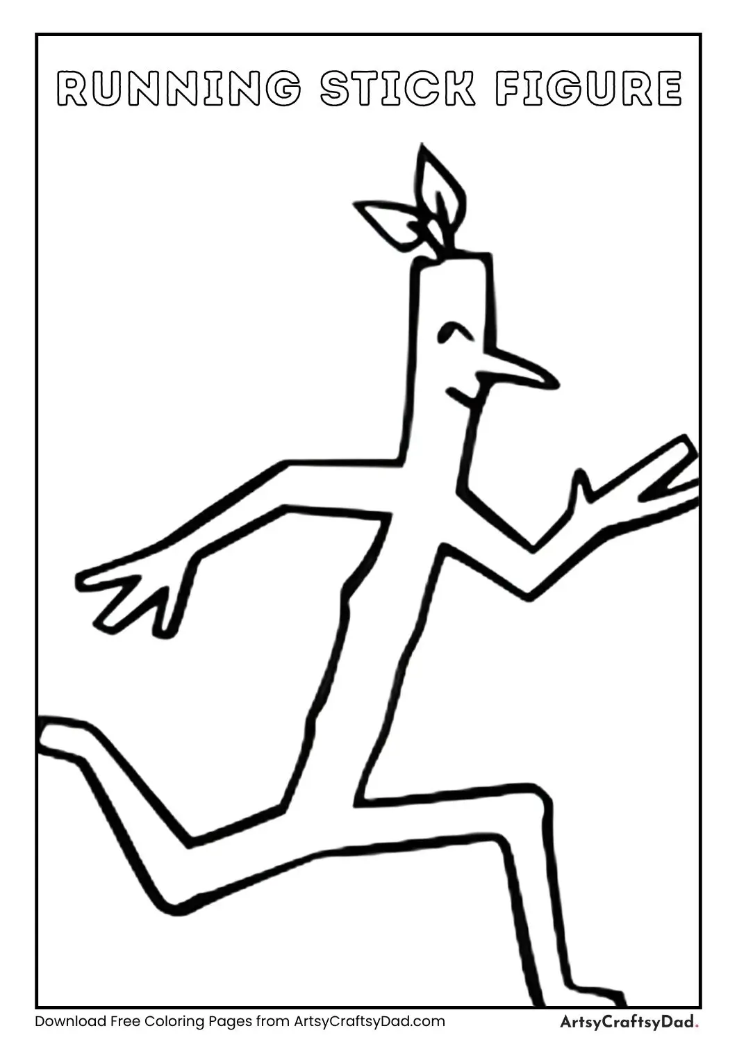 Black and white line drawing of a stick figure running with leaves on its head.
