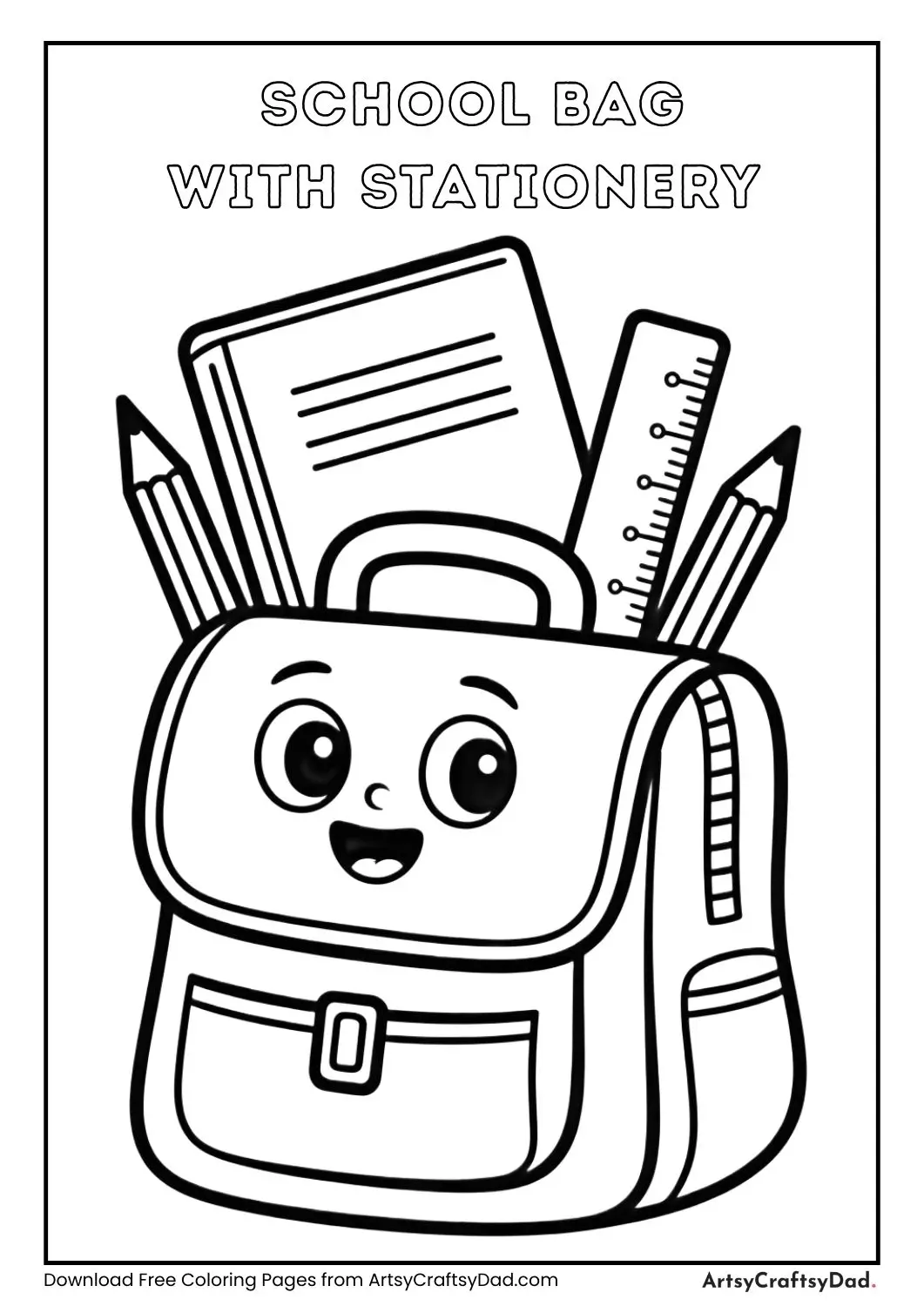 cartoon school bag with pencils ruler and notebook black and white coloring page