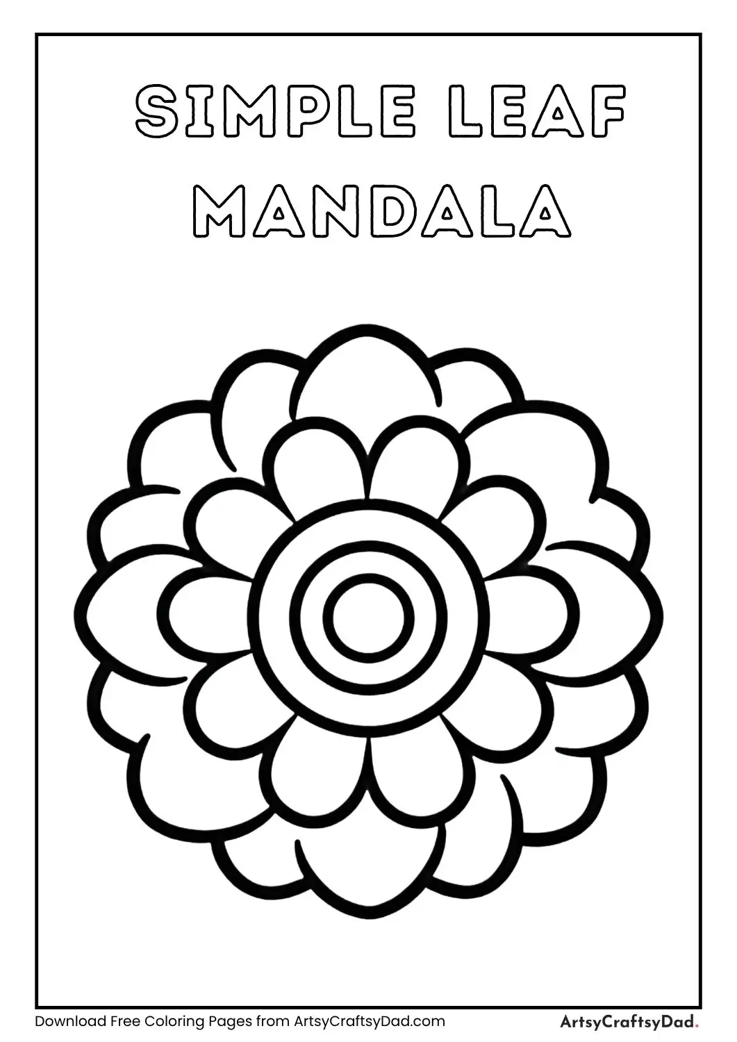 simple leaf mandala coloring page with big leaf shapes for kids