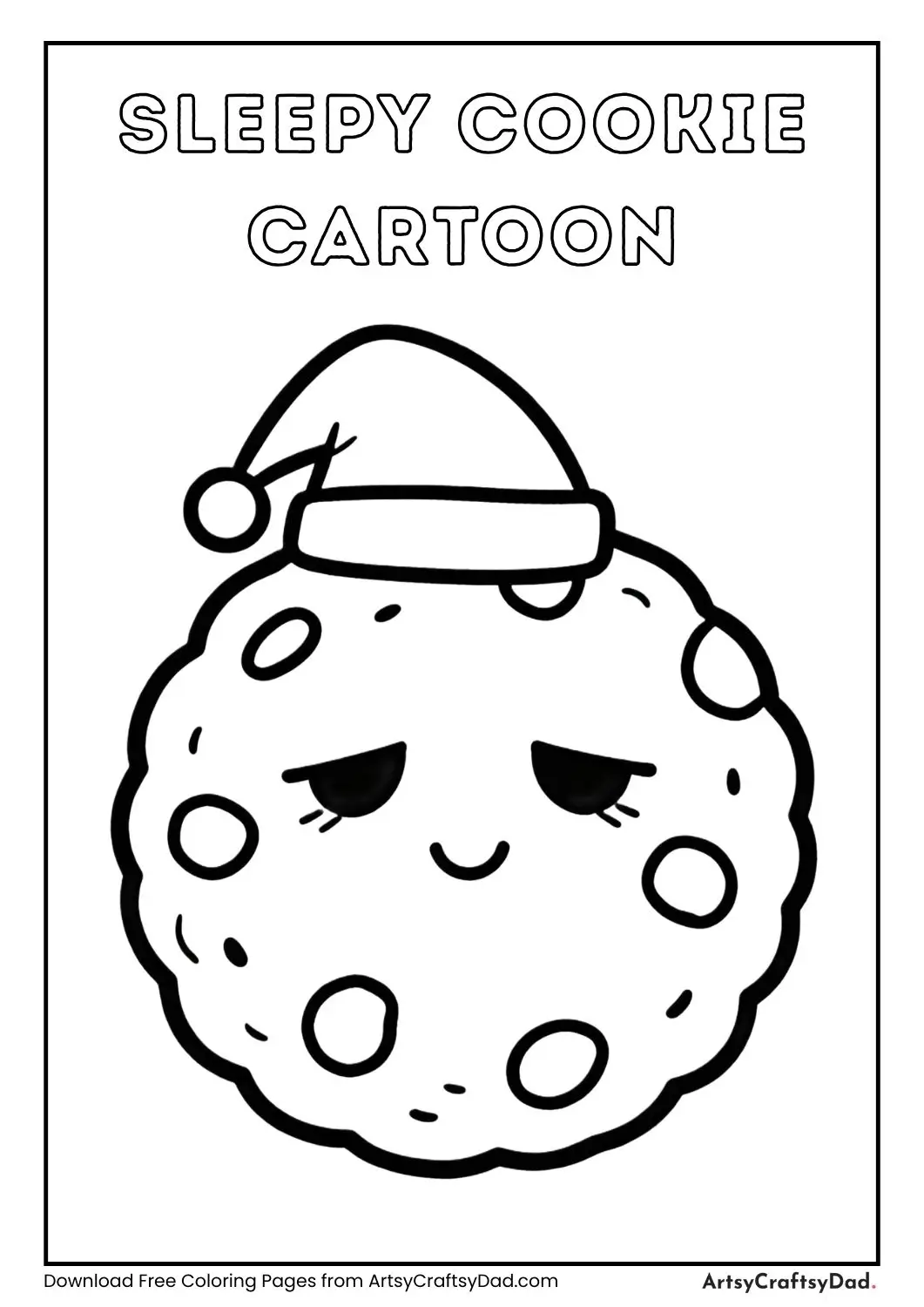 Cute sleepy cookie wearing a small nightcap with droopy eyes, black and white coloring page.