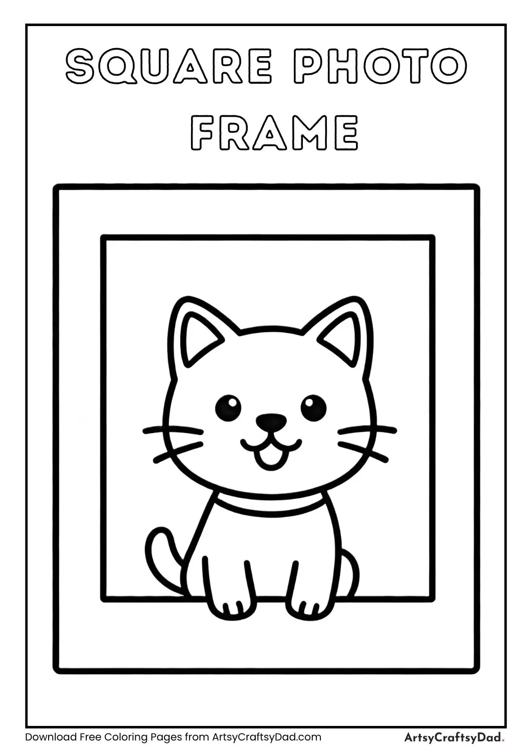 Square photo frame with cute cat or dog cartoon drawing coloring page