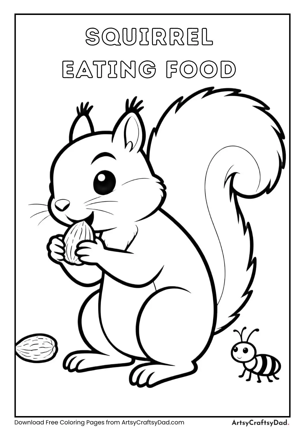 Cute squirrel eating nuts and insect simple coloring page