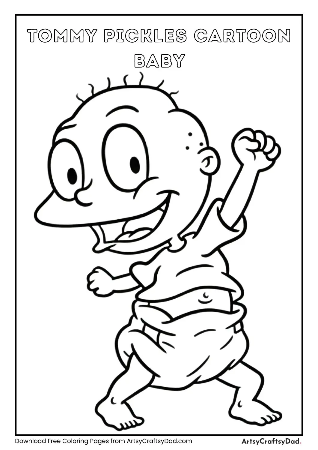 Black and white coloring page of Tommy Pickles from Rugrats in a dynamic running or dancing pose.