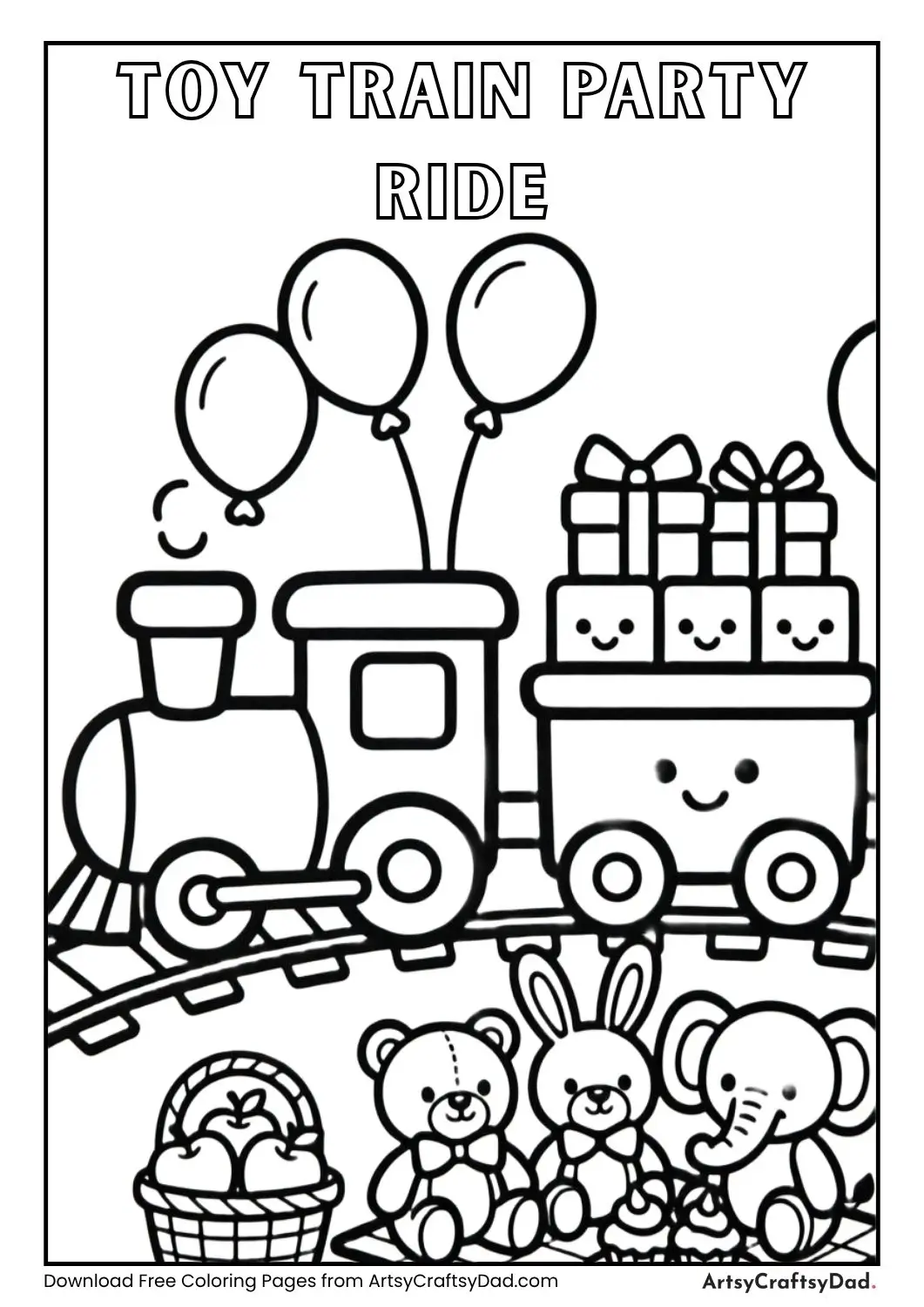 Toy train carrying gifts and balloons coloring page