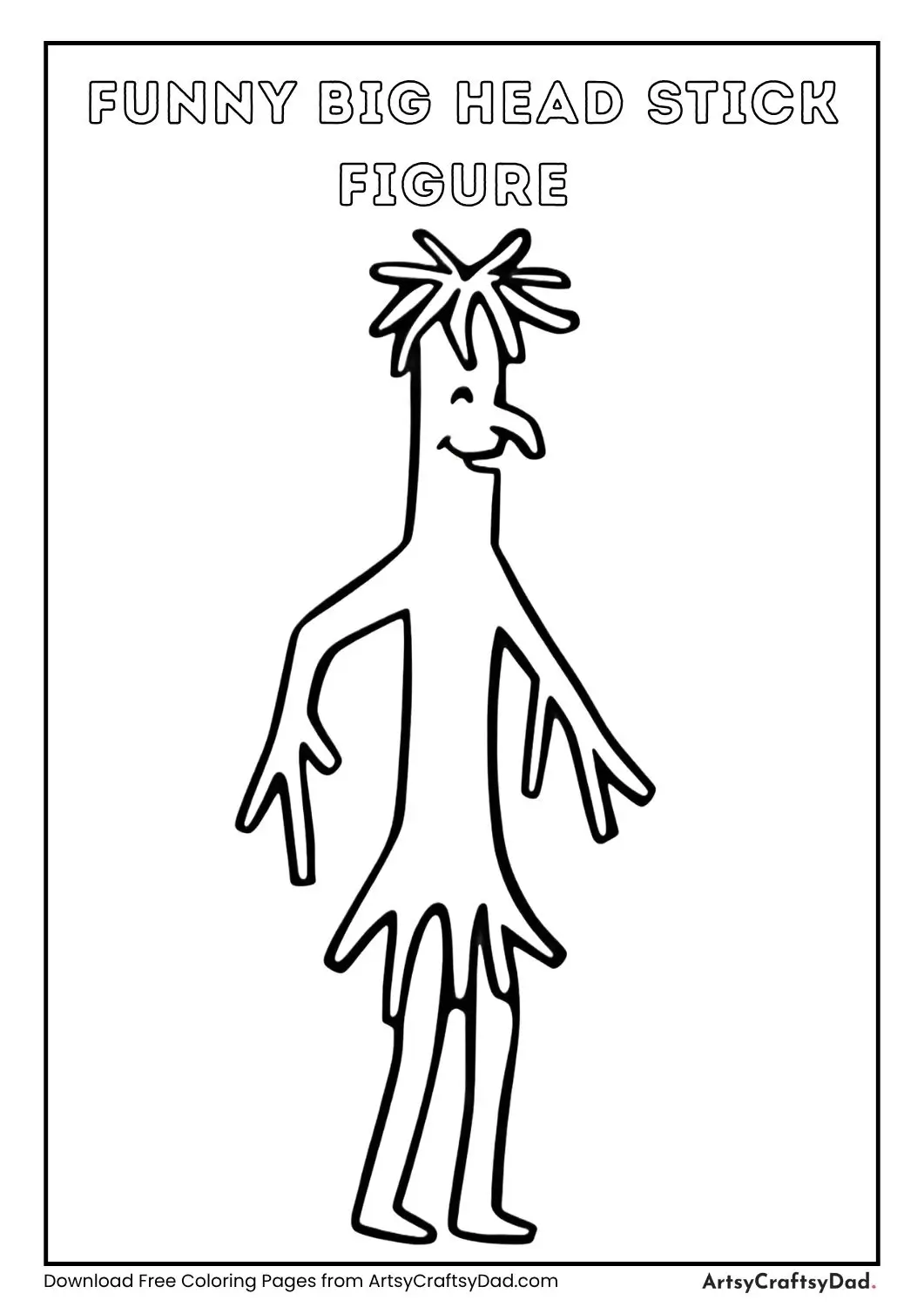 Black and white line drawing of a stick figure with a large head, spiky hair, and a big smile.