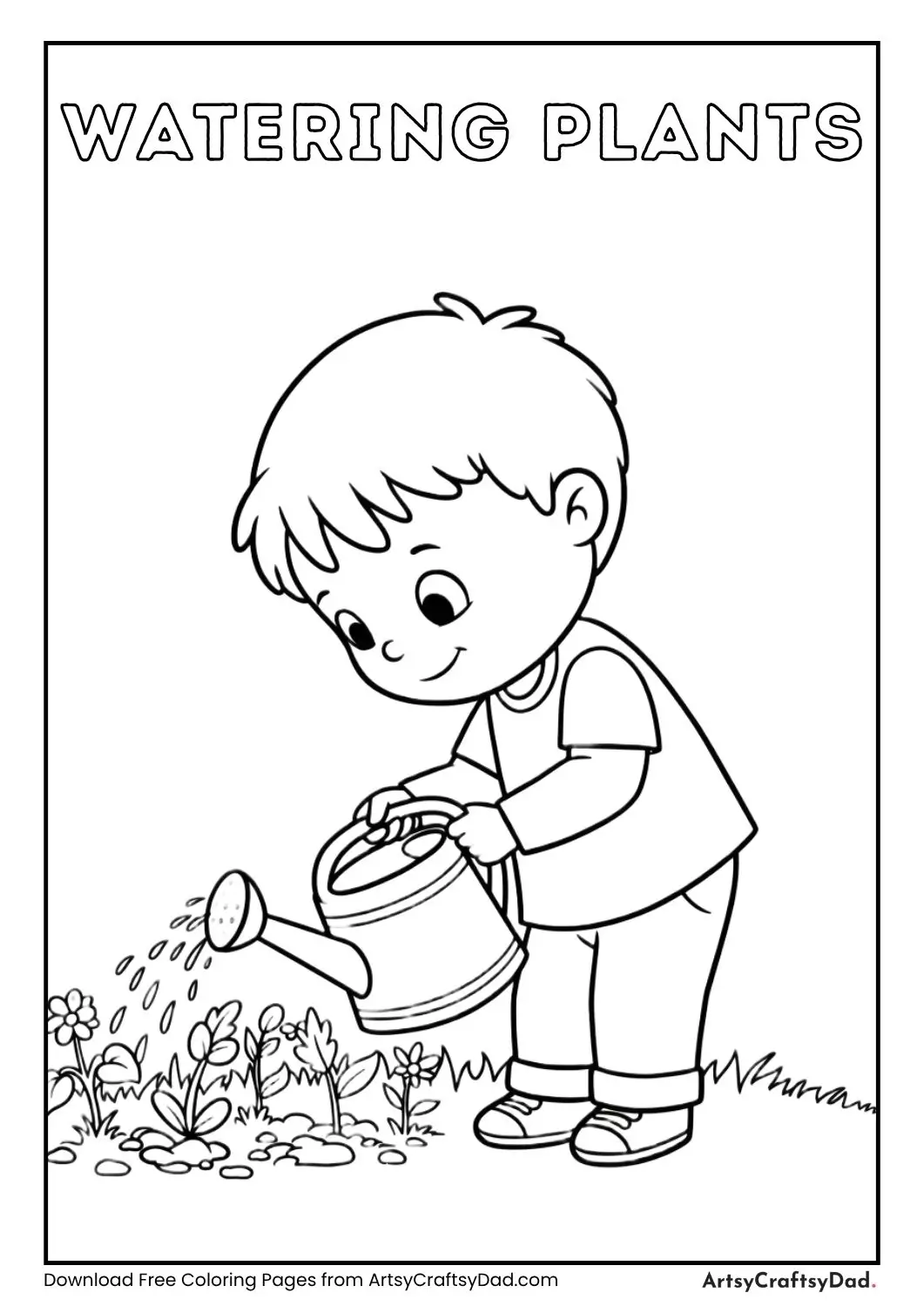 child watering plants with watering can coloring page