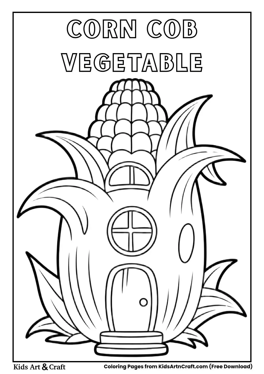 Corn cob shaped house black and white coloring page with simple door and steps