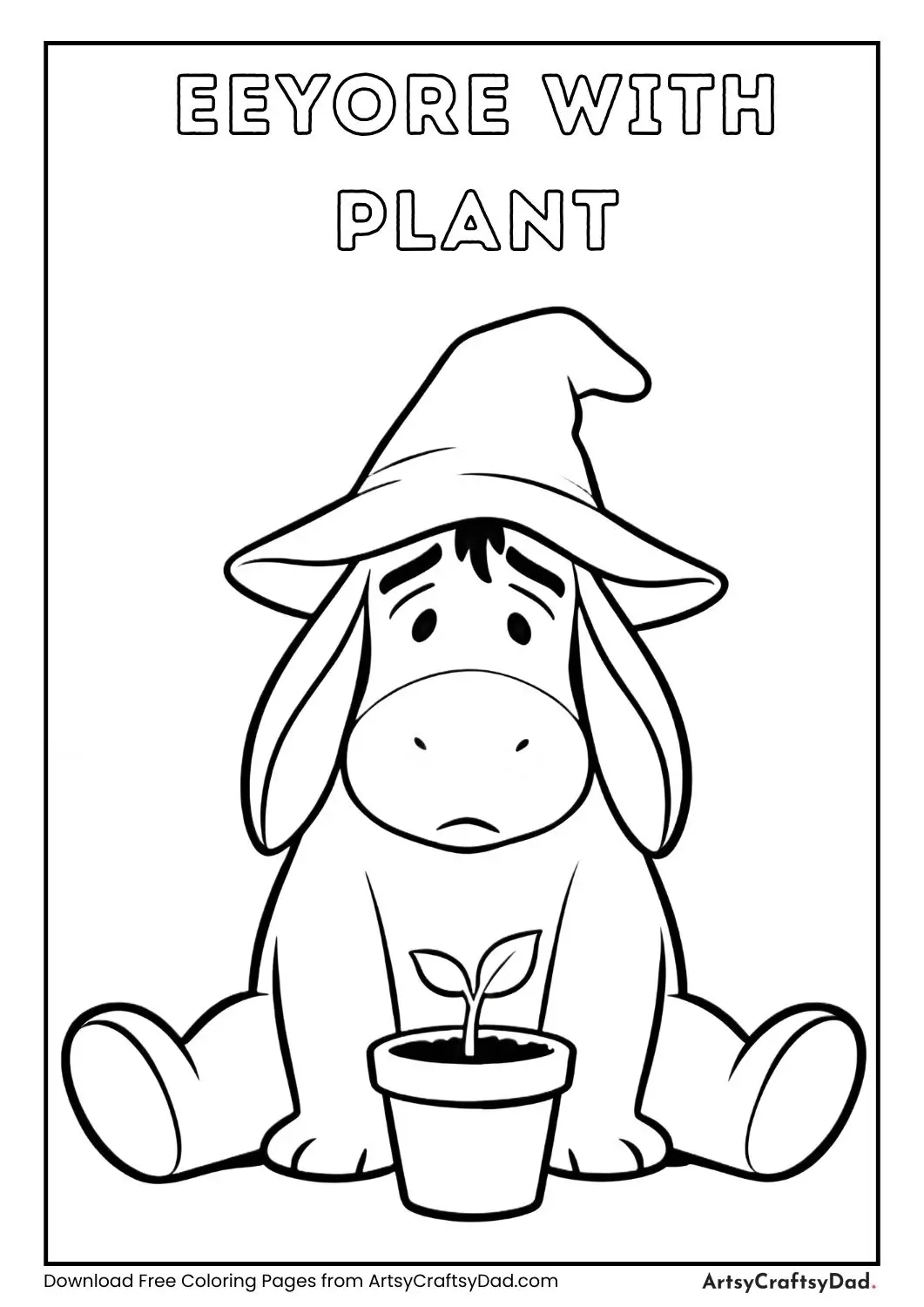 Eeyore sitting with a small potted plant and wearing a floppy hat