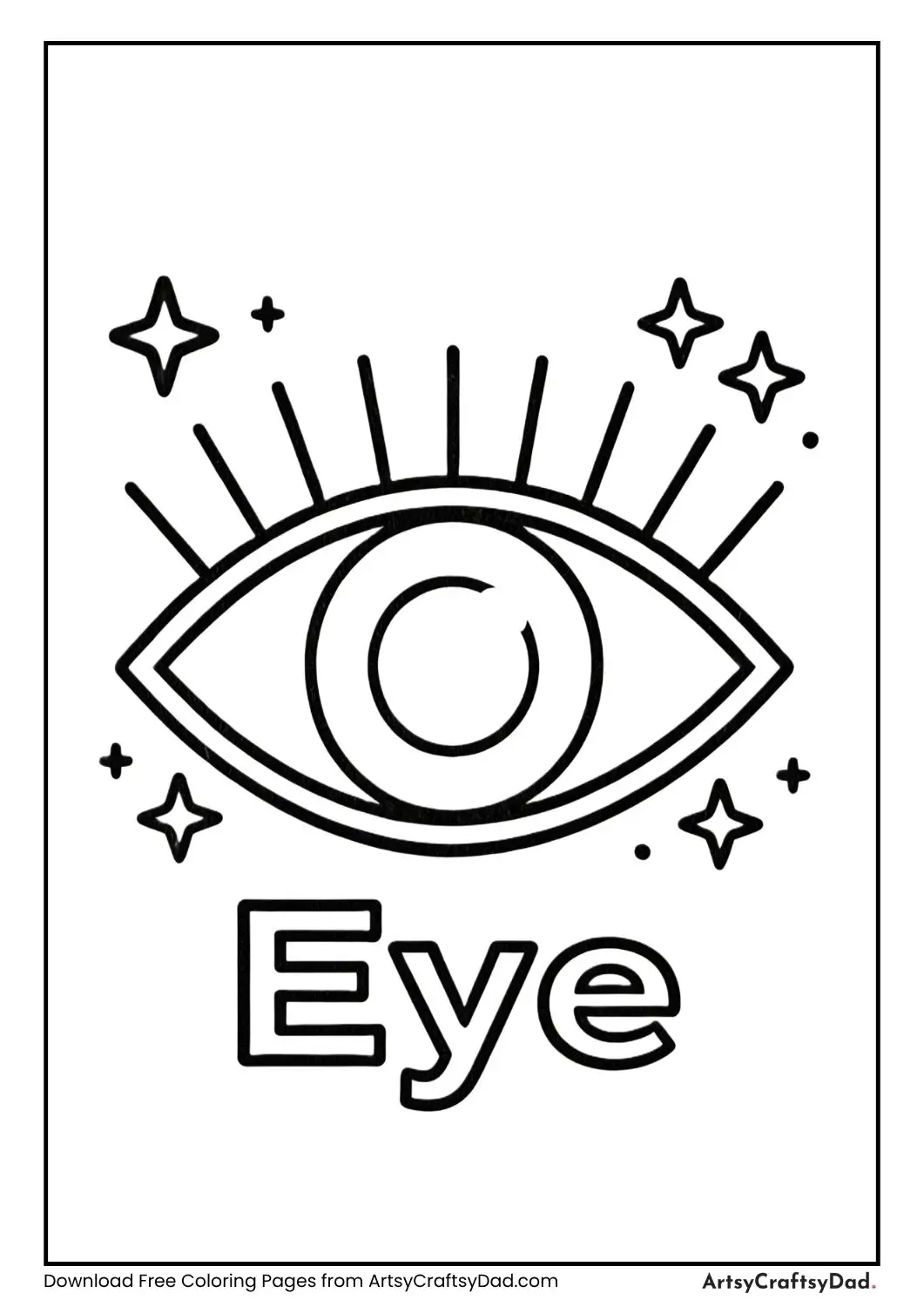 Large eye labeled Sight with stars and shapes around coloring page