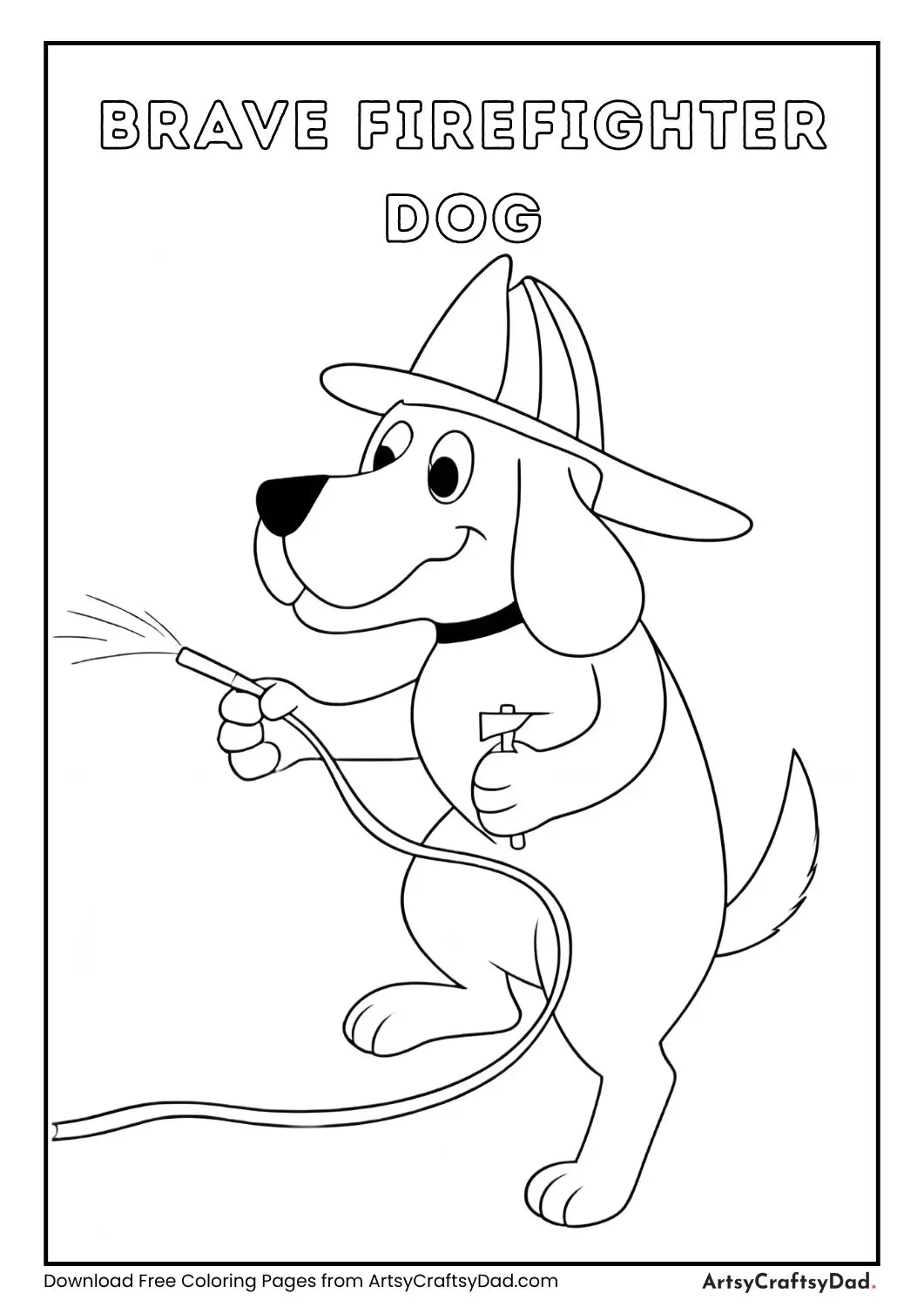 Cartoon dog wearing a firefighter hat and spraying water with a hose