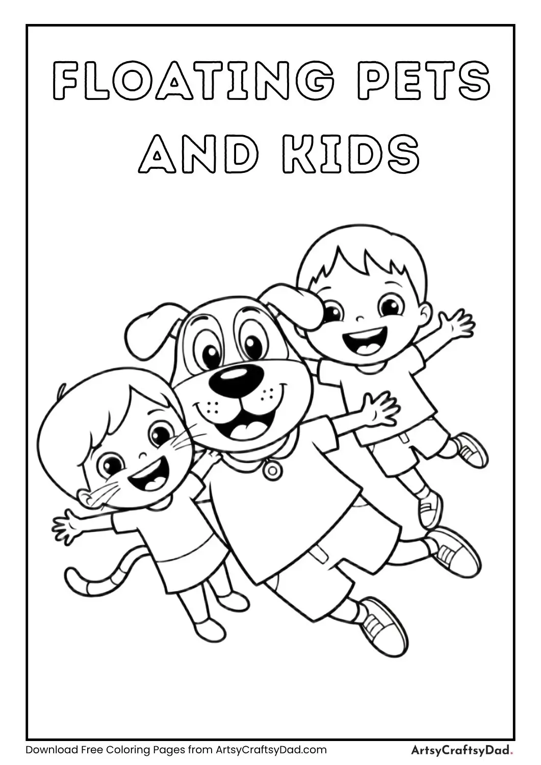 Dog and cat floating with happy kids