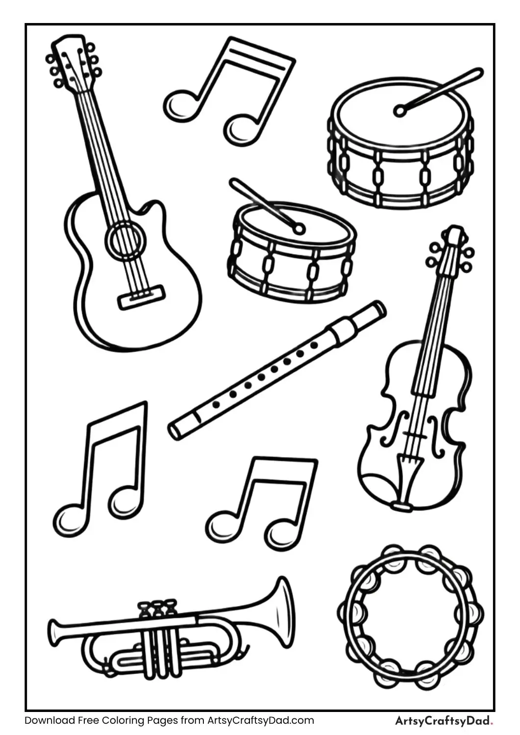 black and white guitar drum flute floating coloring page