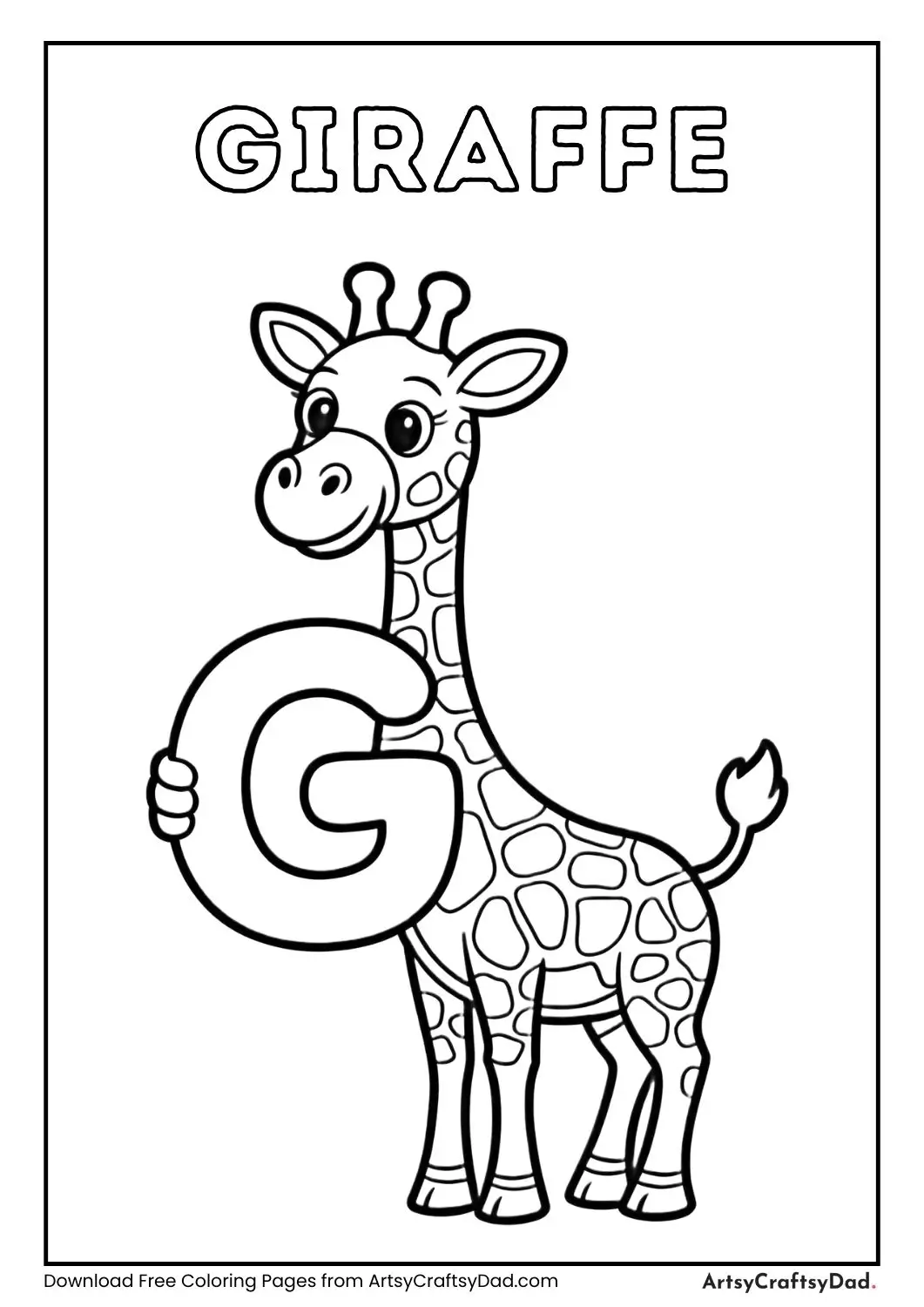 Giraffe holding letter G coloring sheet