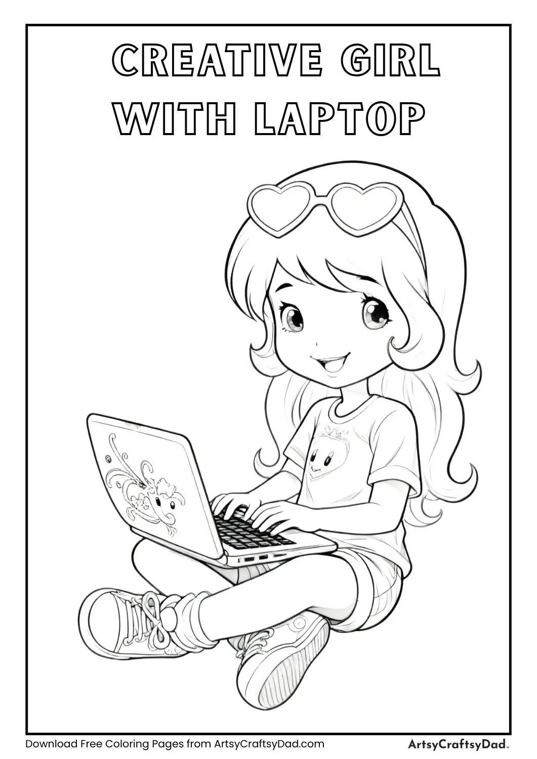 Girl sitting cross-legged using a laptop with heart sunglasses