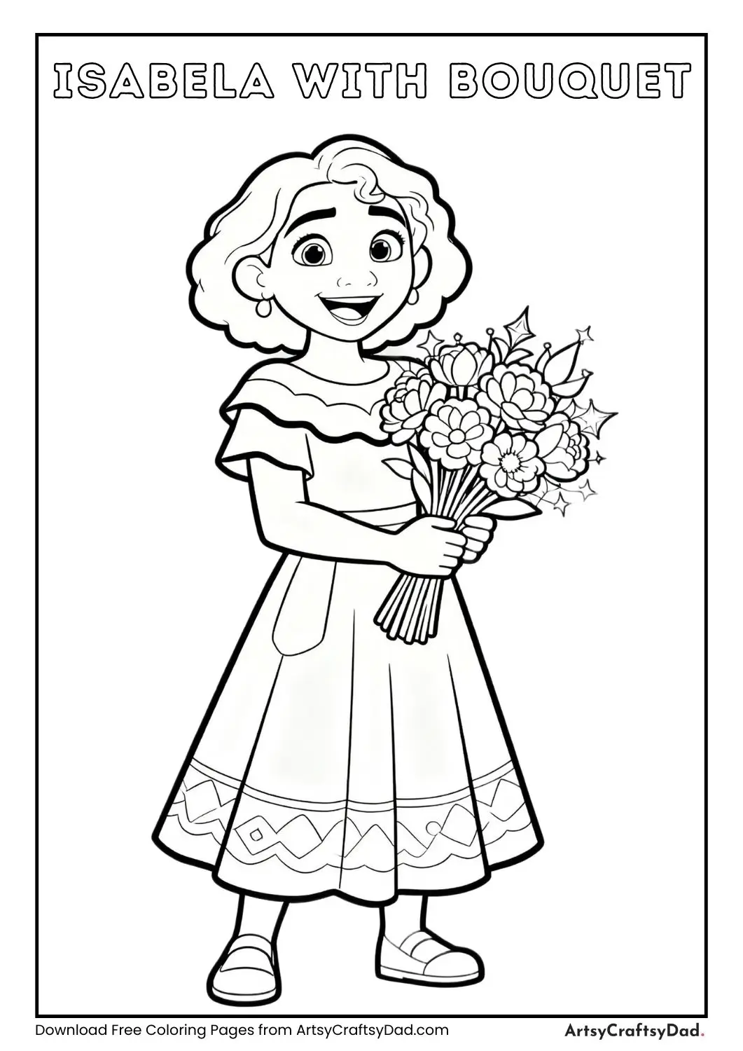 Isabela Madrigal holding a bouquet, black-and-white coloring page for kids.