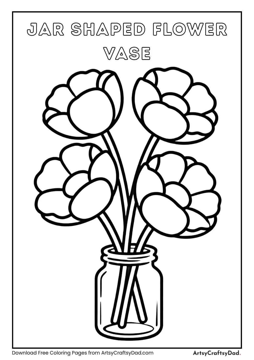 Jar shaped flower vase coloring page with four simple flowers for kids