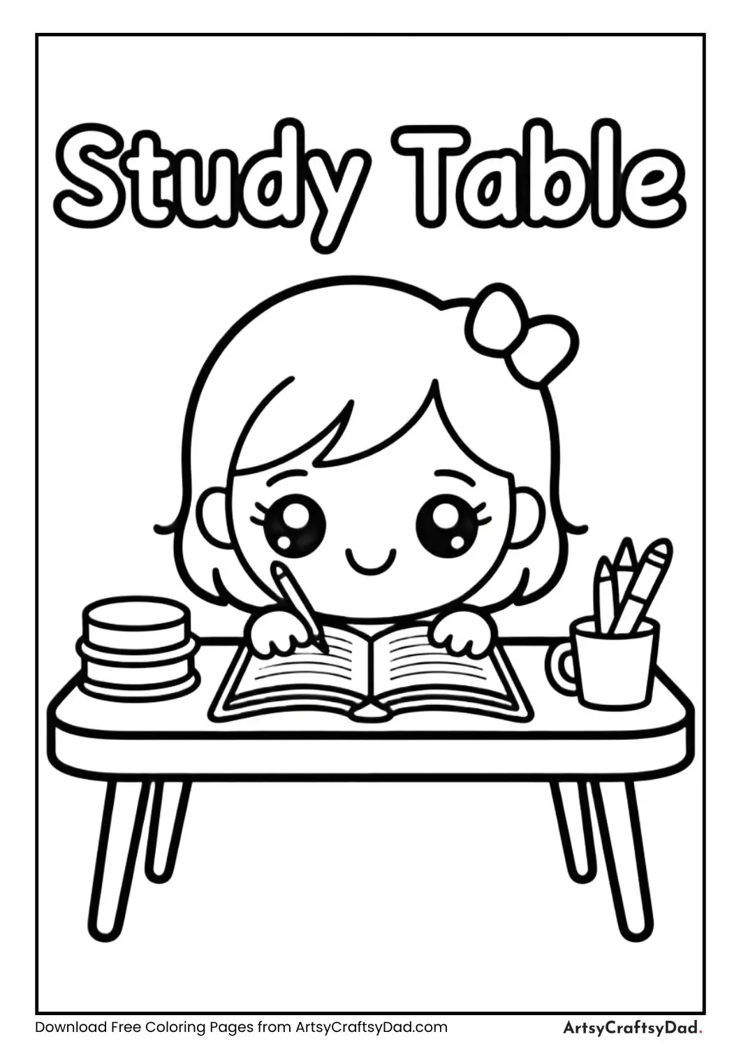 Cute kawaii study table black and white coloring page with label STUDY TABLE