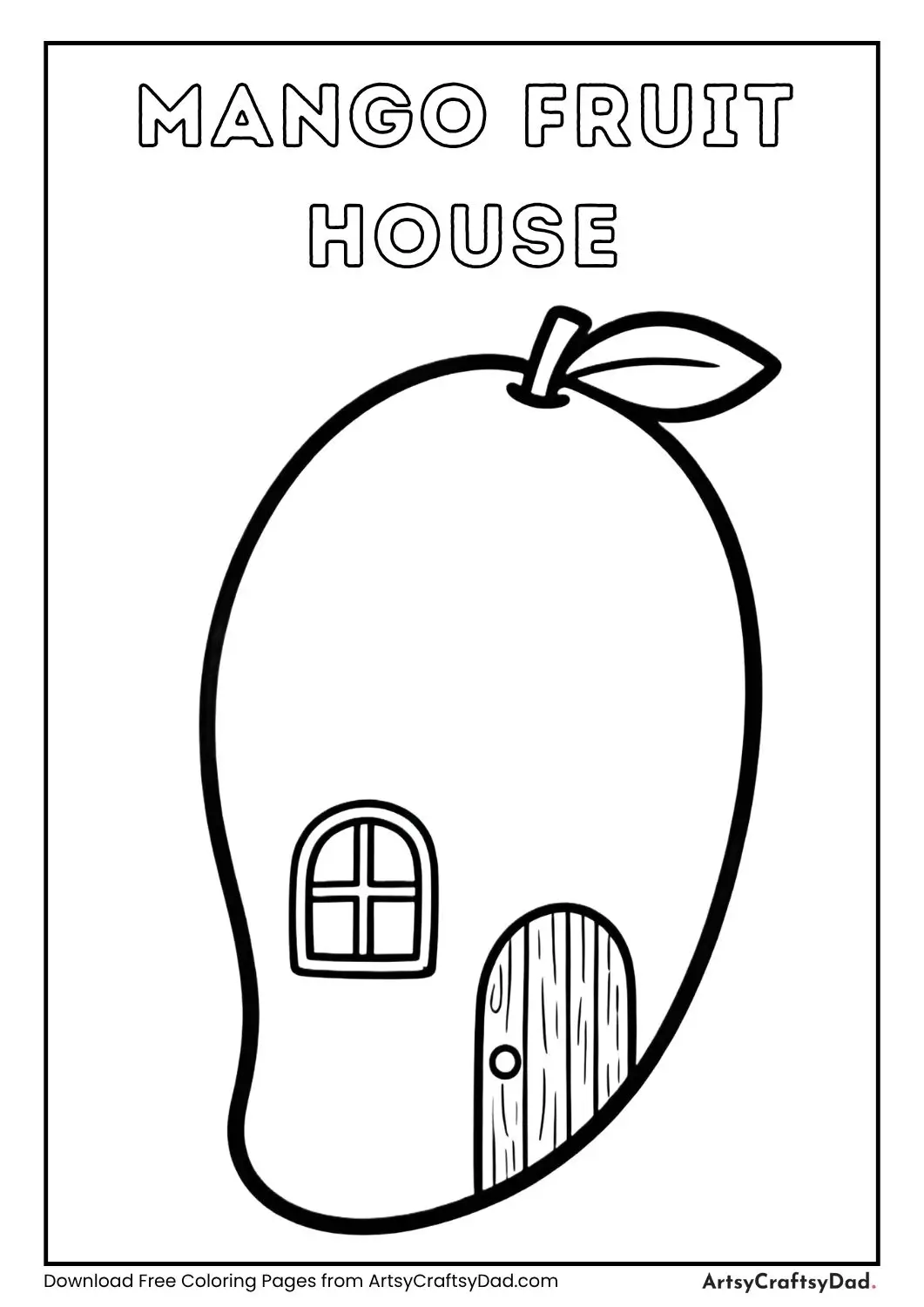 Black and white mango shaped house coloring page with simple features