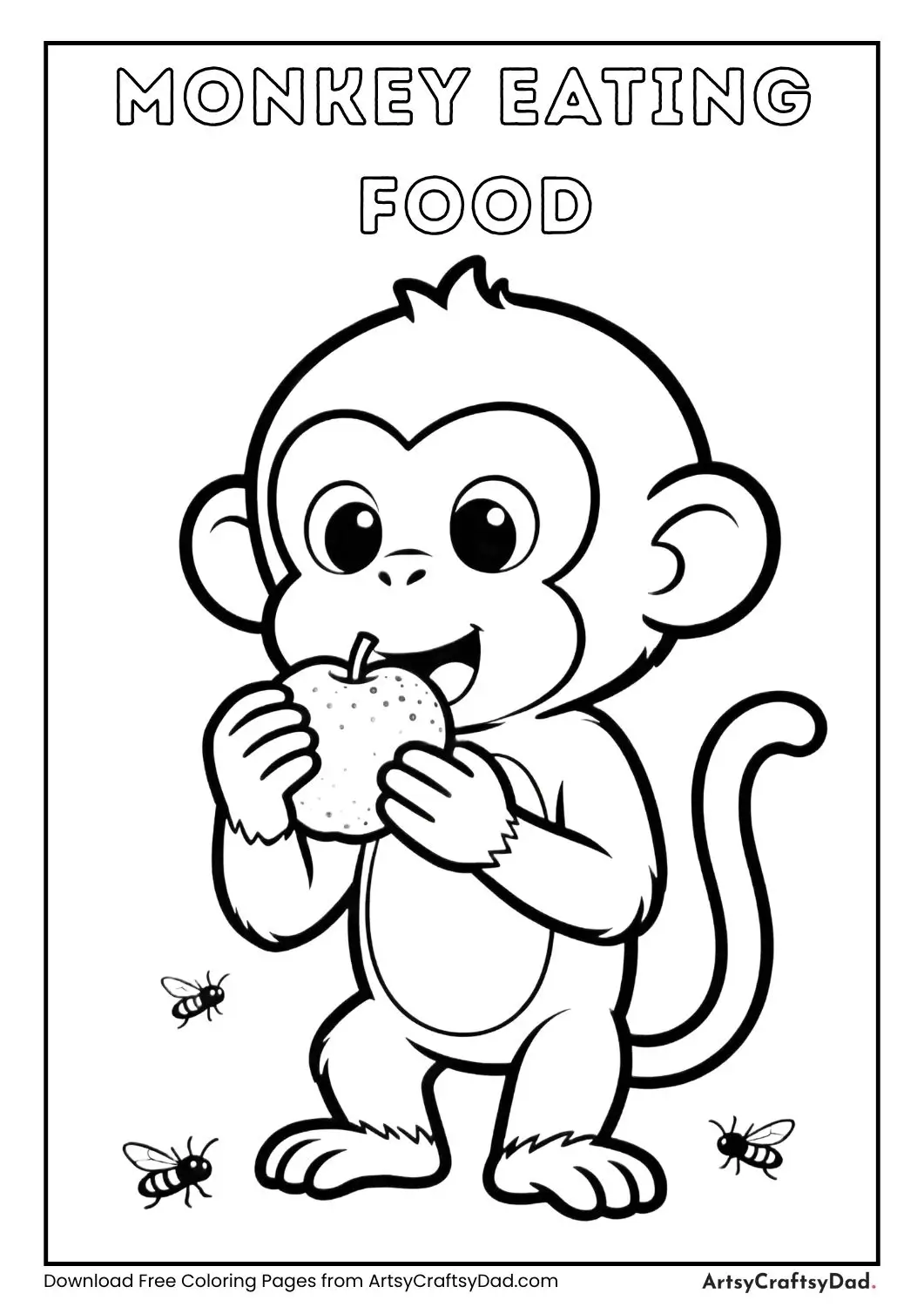 Cartoon monkey eating fruit and insects coloring page