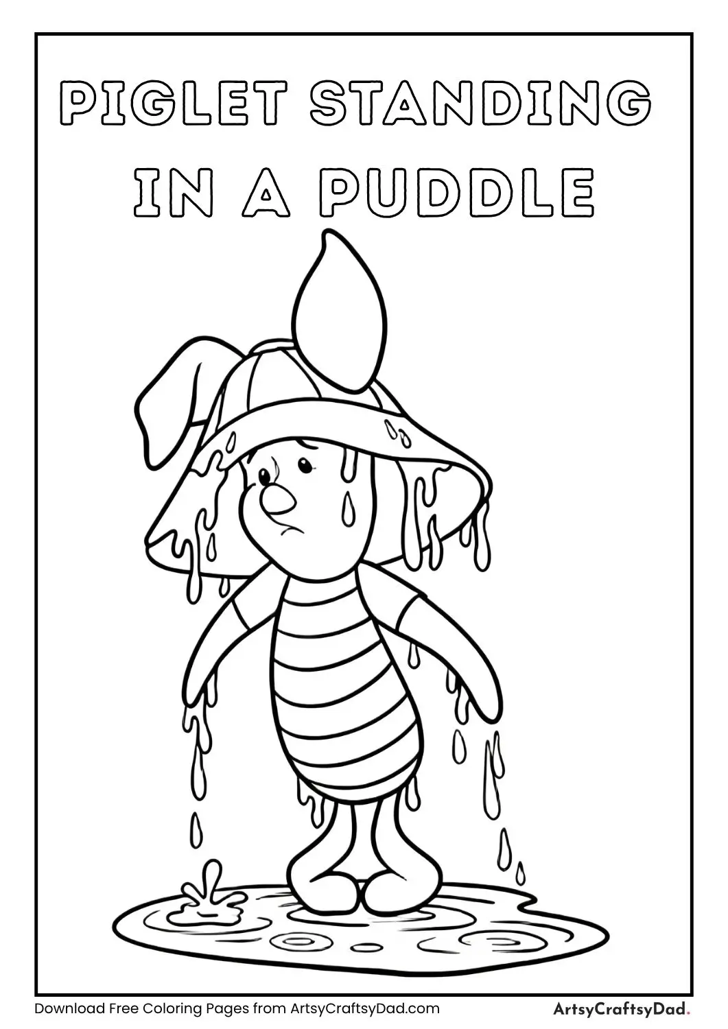 Black and white coloring page of Piglet wearing a hat and standing in a puddle with a worried expression.