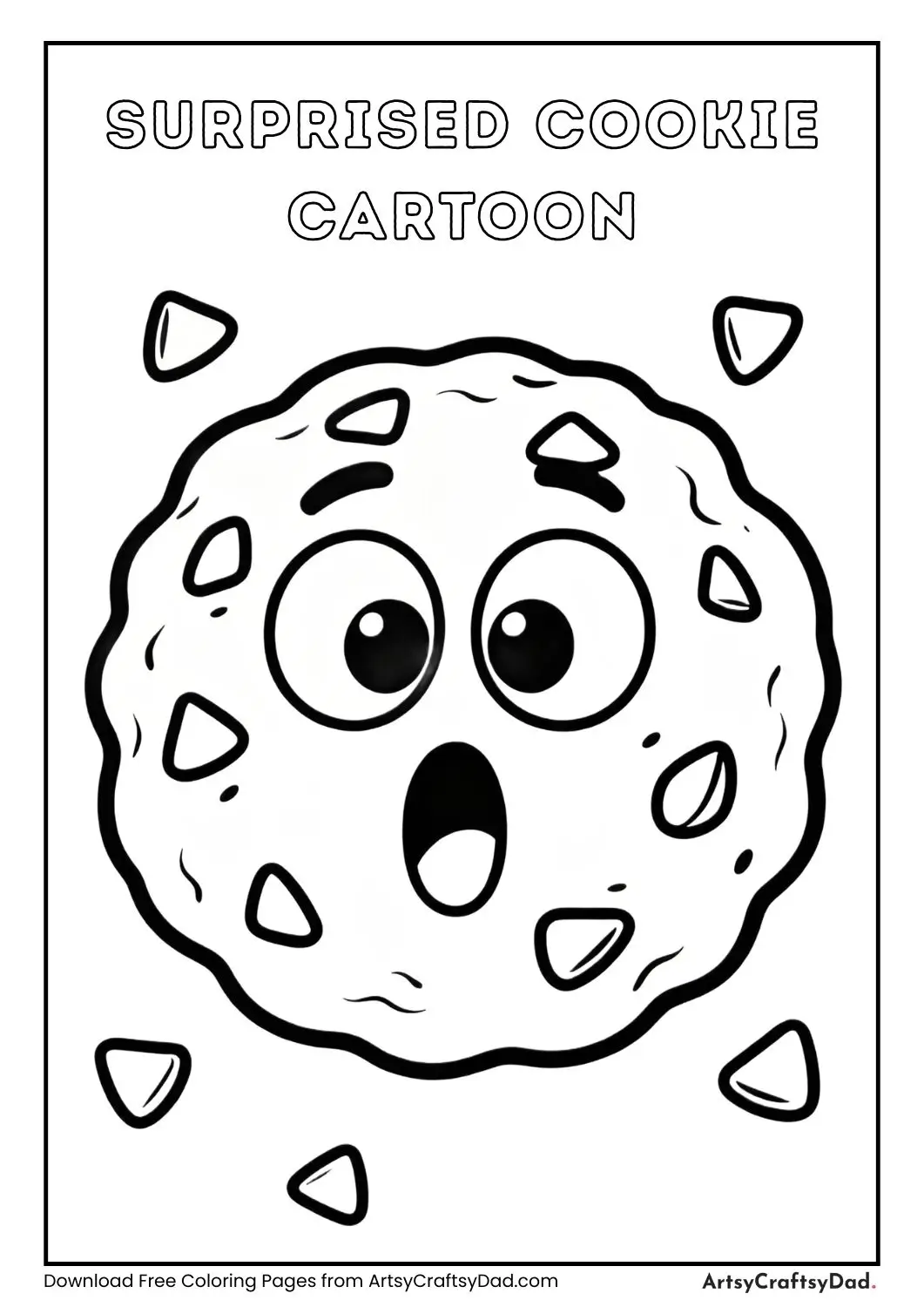 Cute cookie with wide eyes and open mouth showing a surprised expression, kids coloring page.