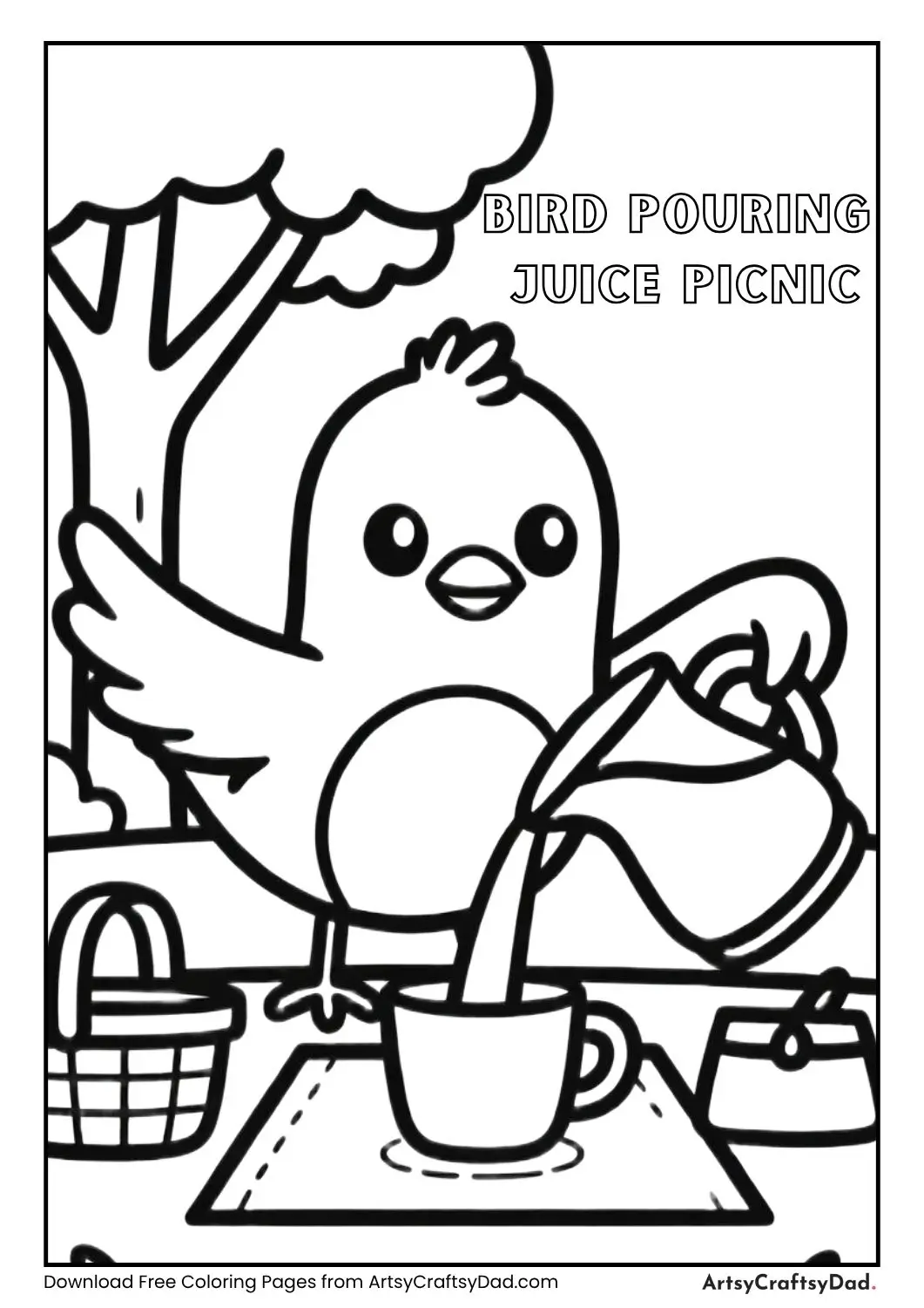 Bird pouring juice into cup at picnic coloring page