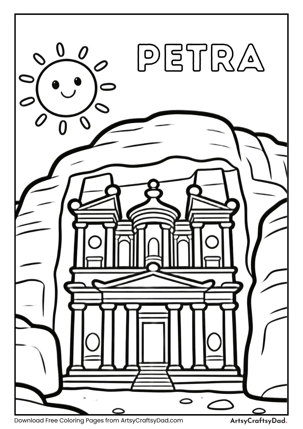 Cute cartoon Petra temple coloring page with smiling sun