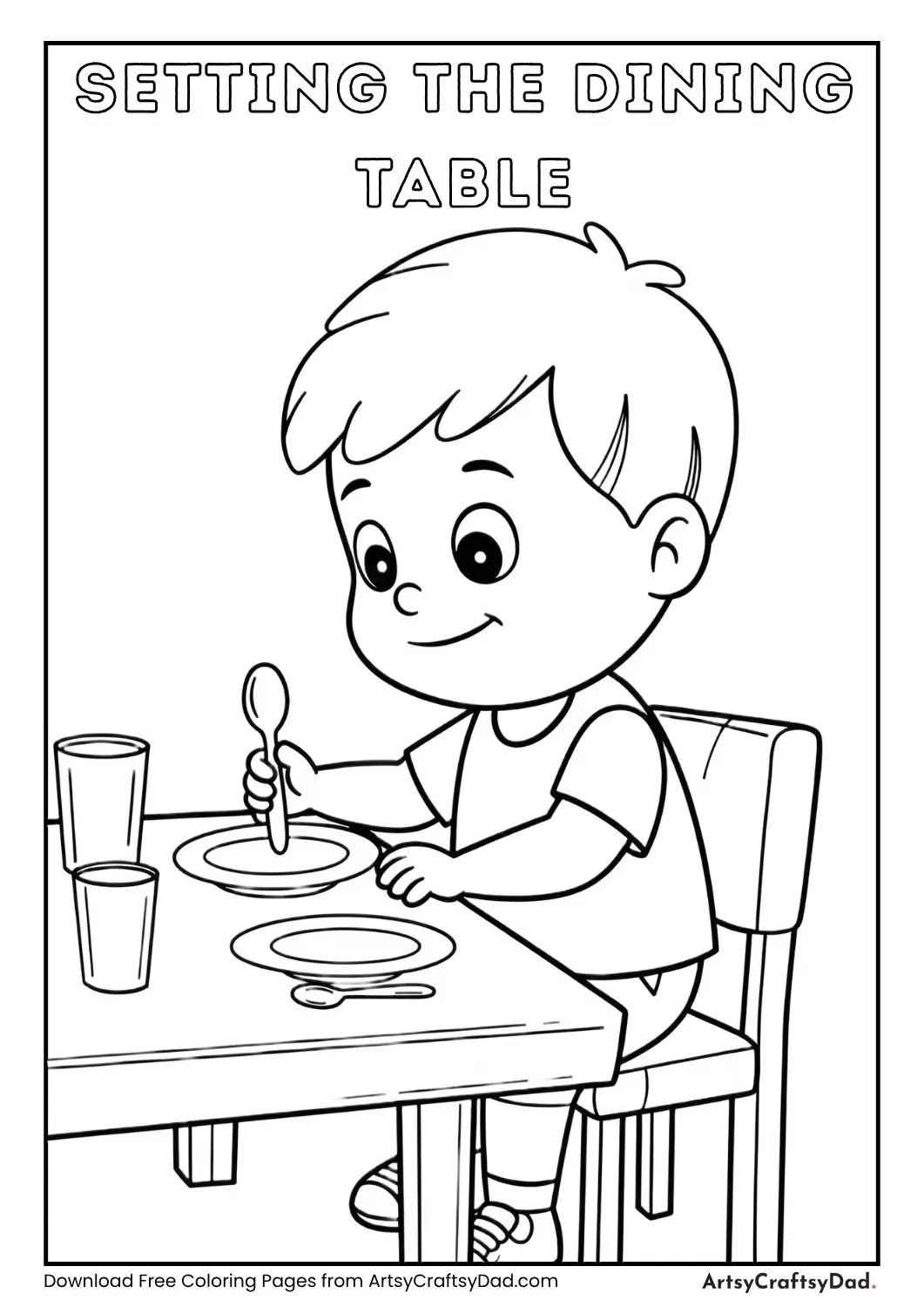child placing plates and spoons on table coloring page