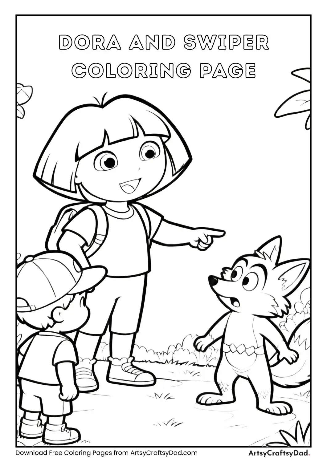 Dora pointing at Swiper the fox cartoon coloring page for kids