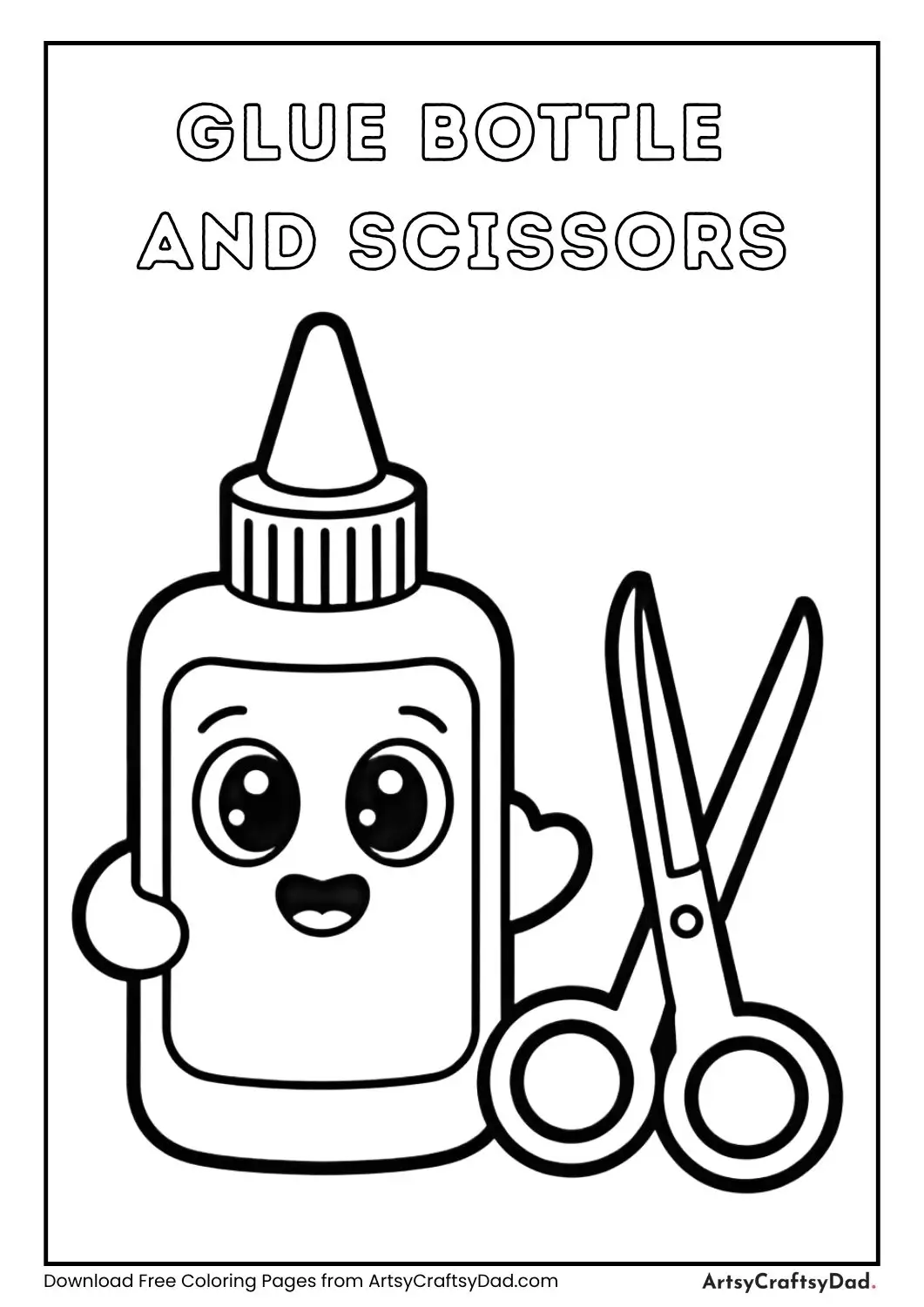 cute glue bottle and scissors cartoon black and white coloring page