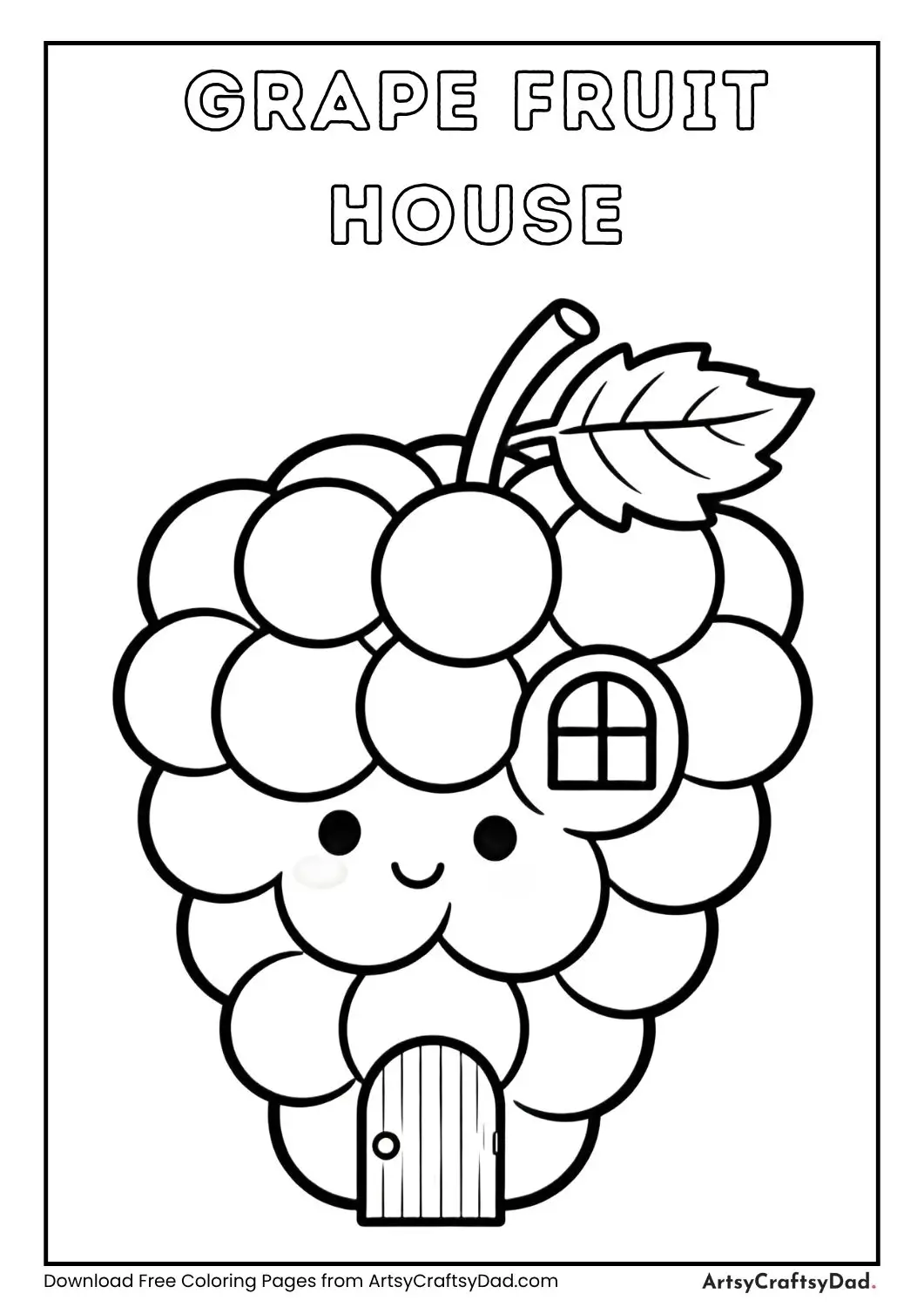 Black and white grape shaped house coloring page with simple door