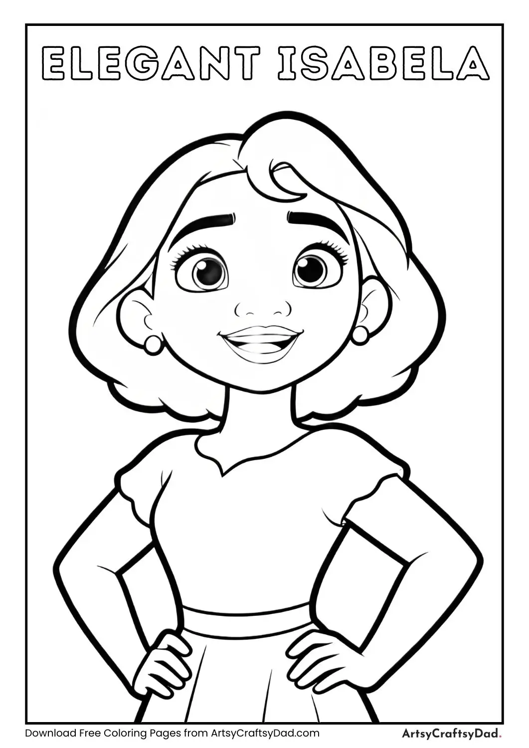 Isabela Madrigal posing elegantly, black-and-white simple outlines for kids.