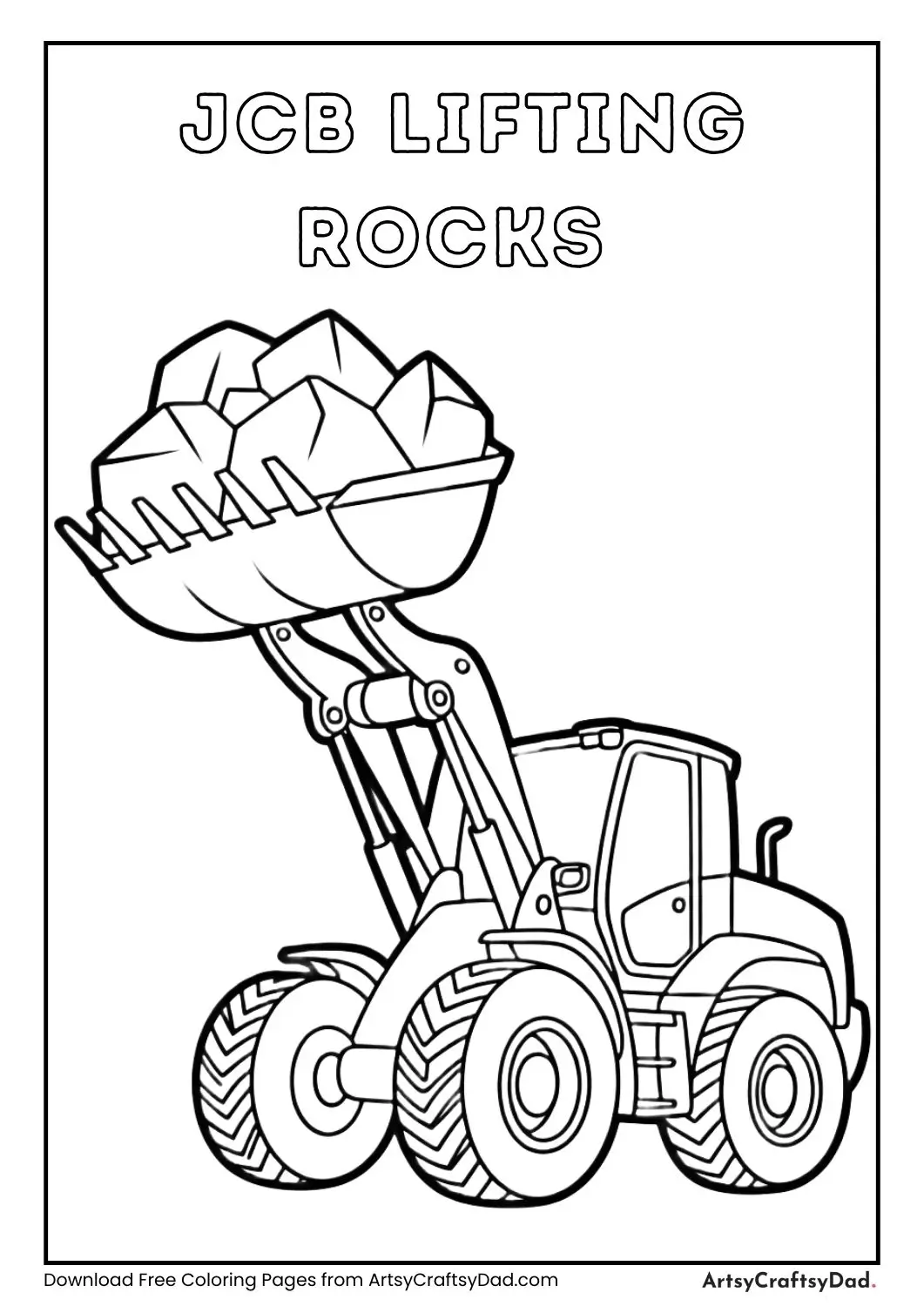 JCB loader lifting rocks black and white coloring page
