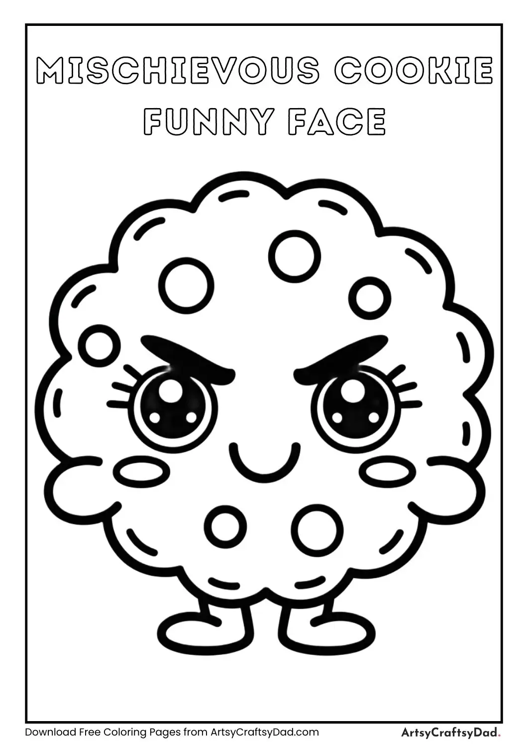 Cartoon cookie with a mischievous smile and raised eyebrow, simple black and white coloring page.