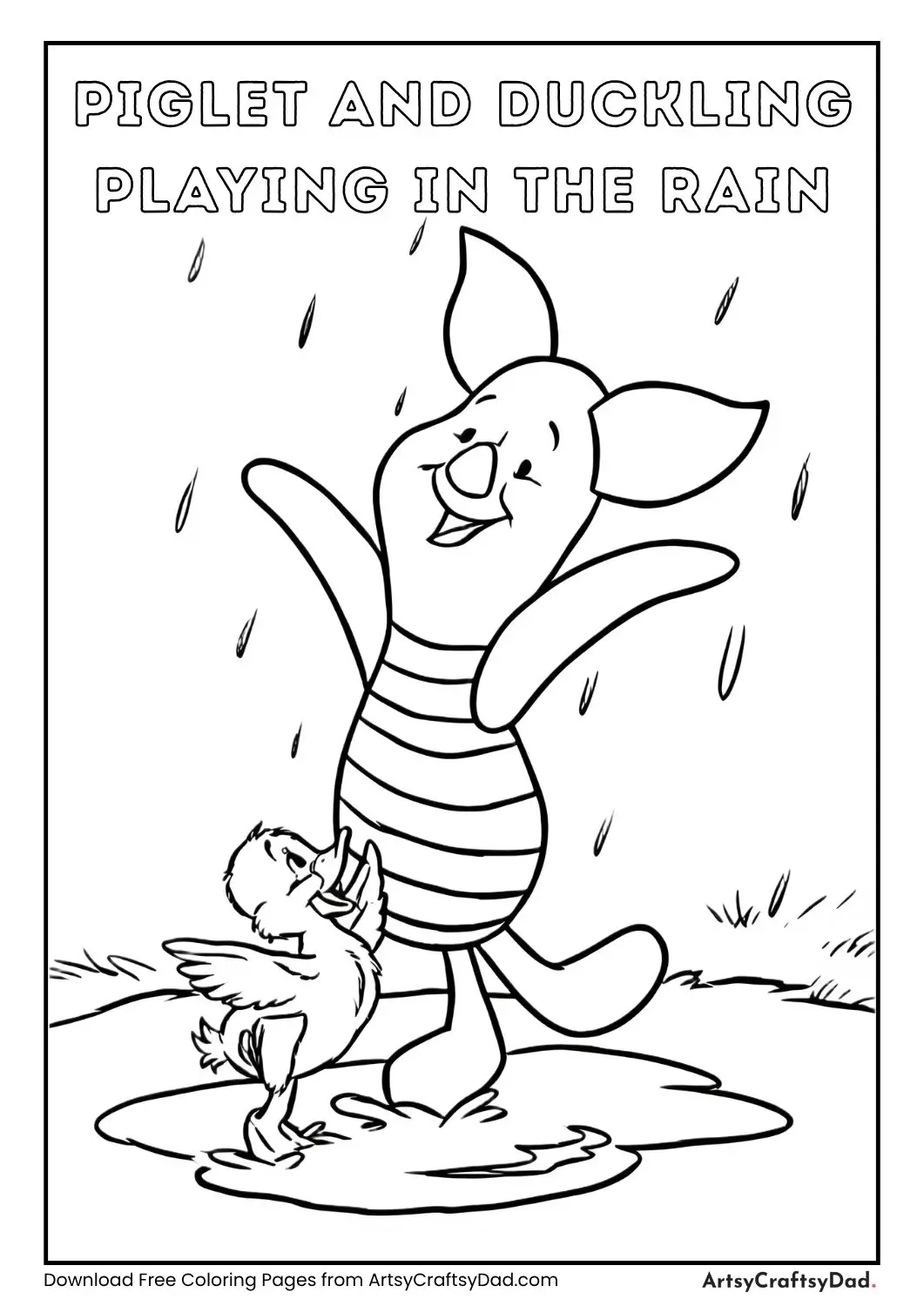 Black and white drawing of Piglet and a duckling standing in puddles while rain falls around them.