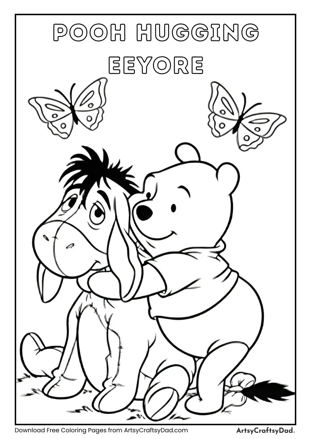 Winnie the Pooh hugging Eeyore with butterflies above them