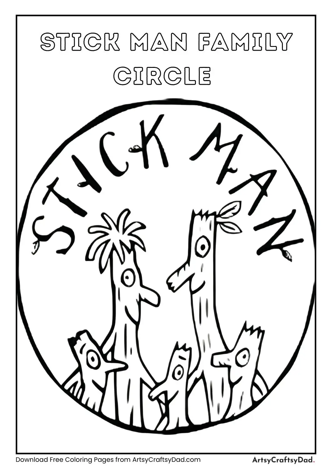 Black and white line drawing inside a circle showing a stick figure family with the words Stick Man above.