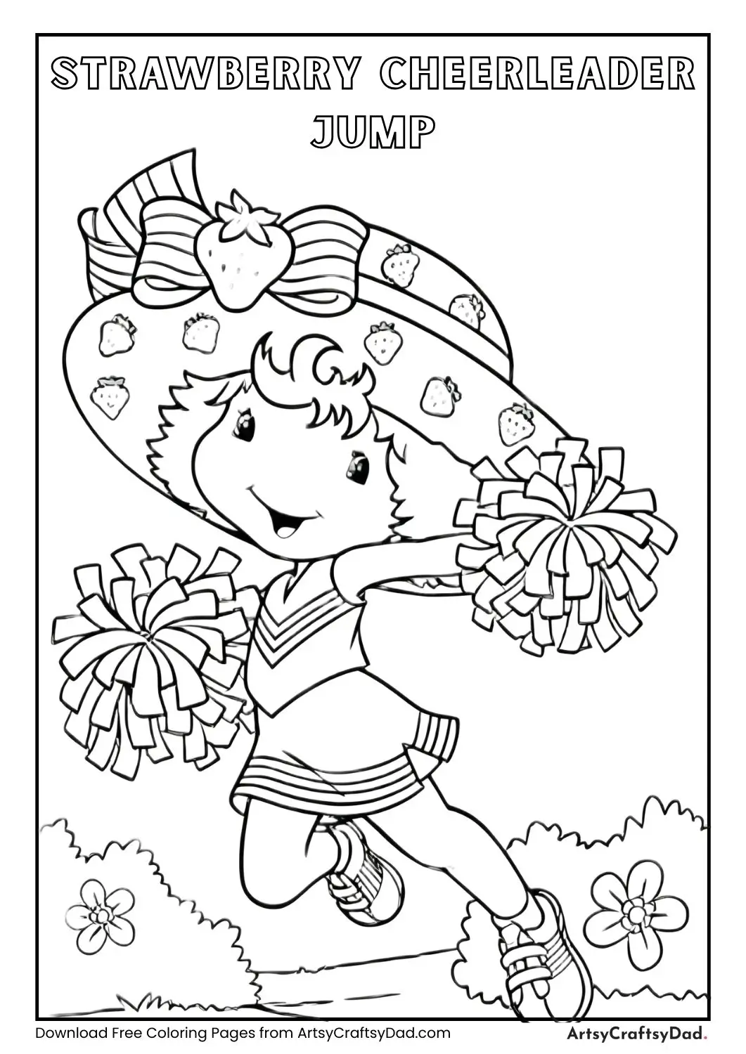 Strawberry-themed cheerleader jumping with pom-poms
