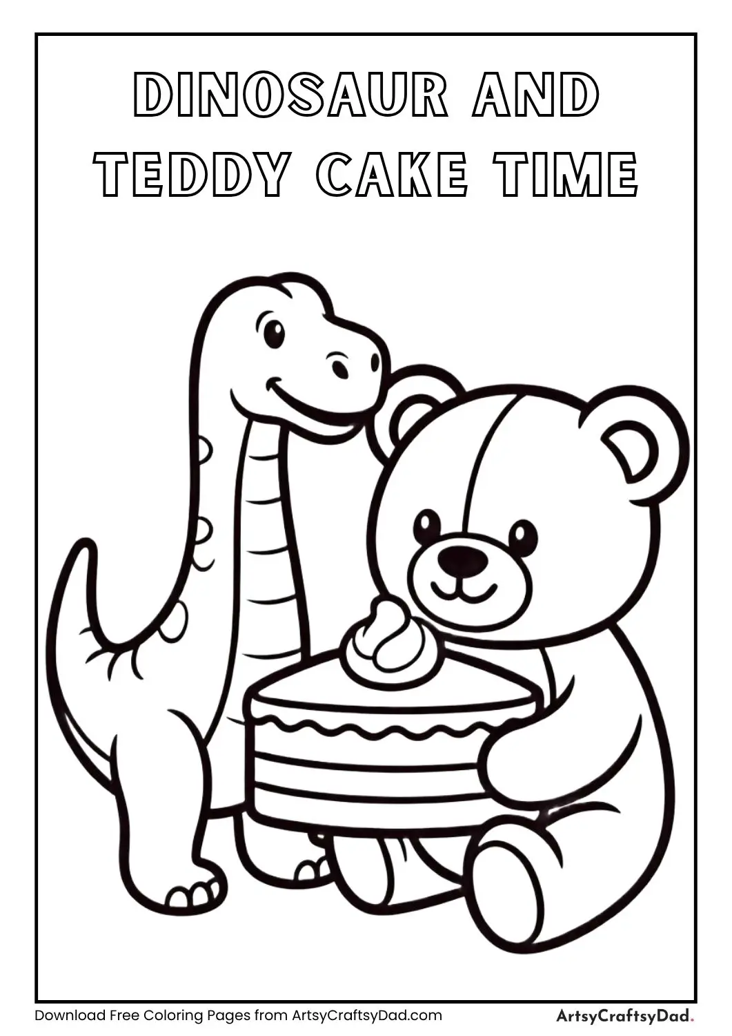 Toy dinosaur and teddy sharing cake coloring page