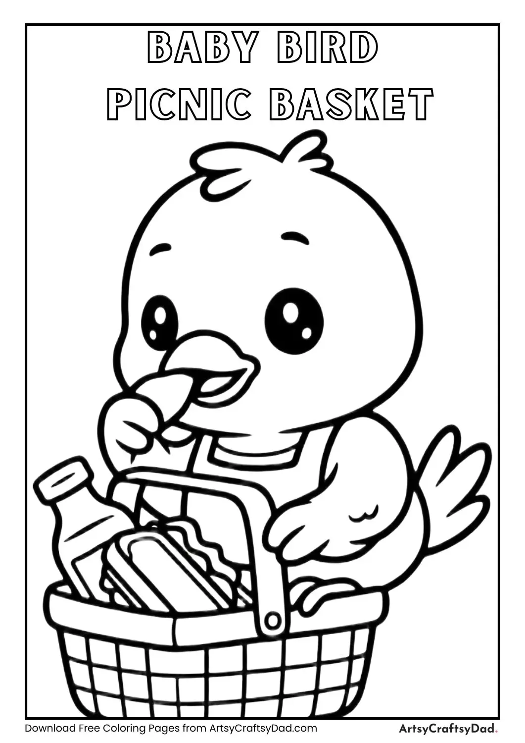 Baby bird eating from picnic basket coloring page