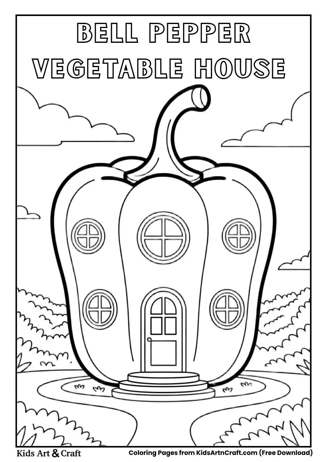 Bell pepper shaped house simple black and white coloring page with bold outlines