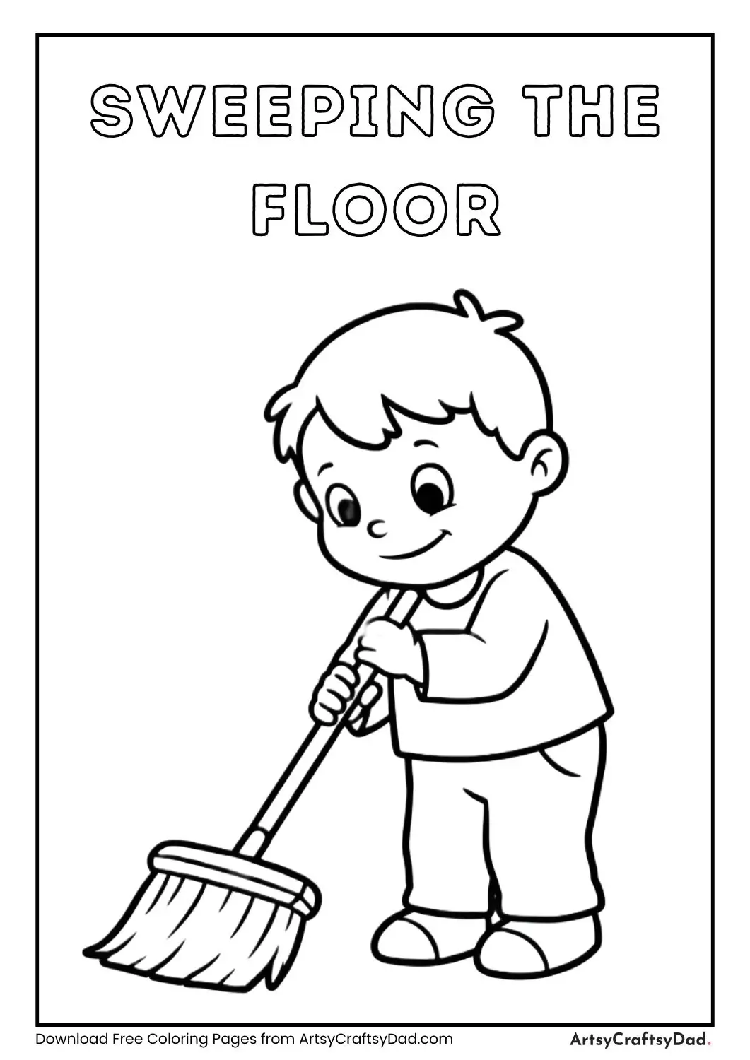 child sweeping floor with broom coloring page