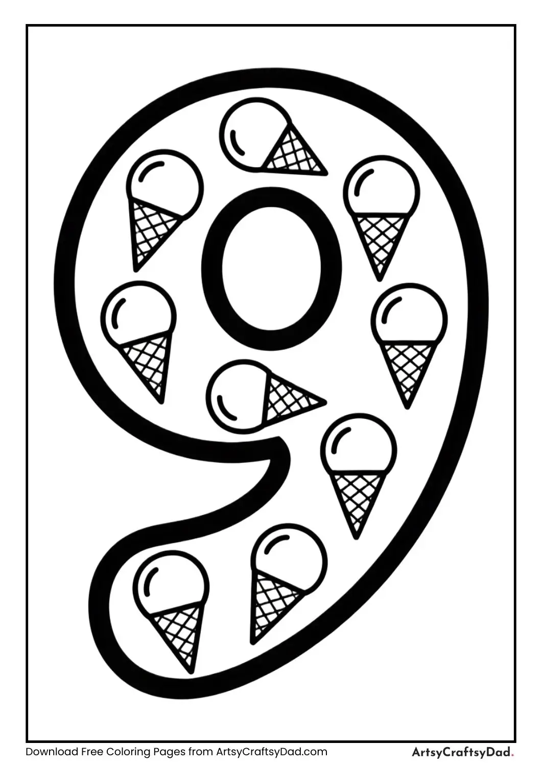 Number 9 with nine ice creams coloring page