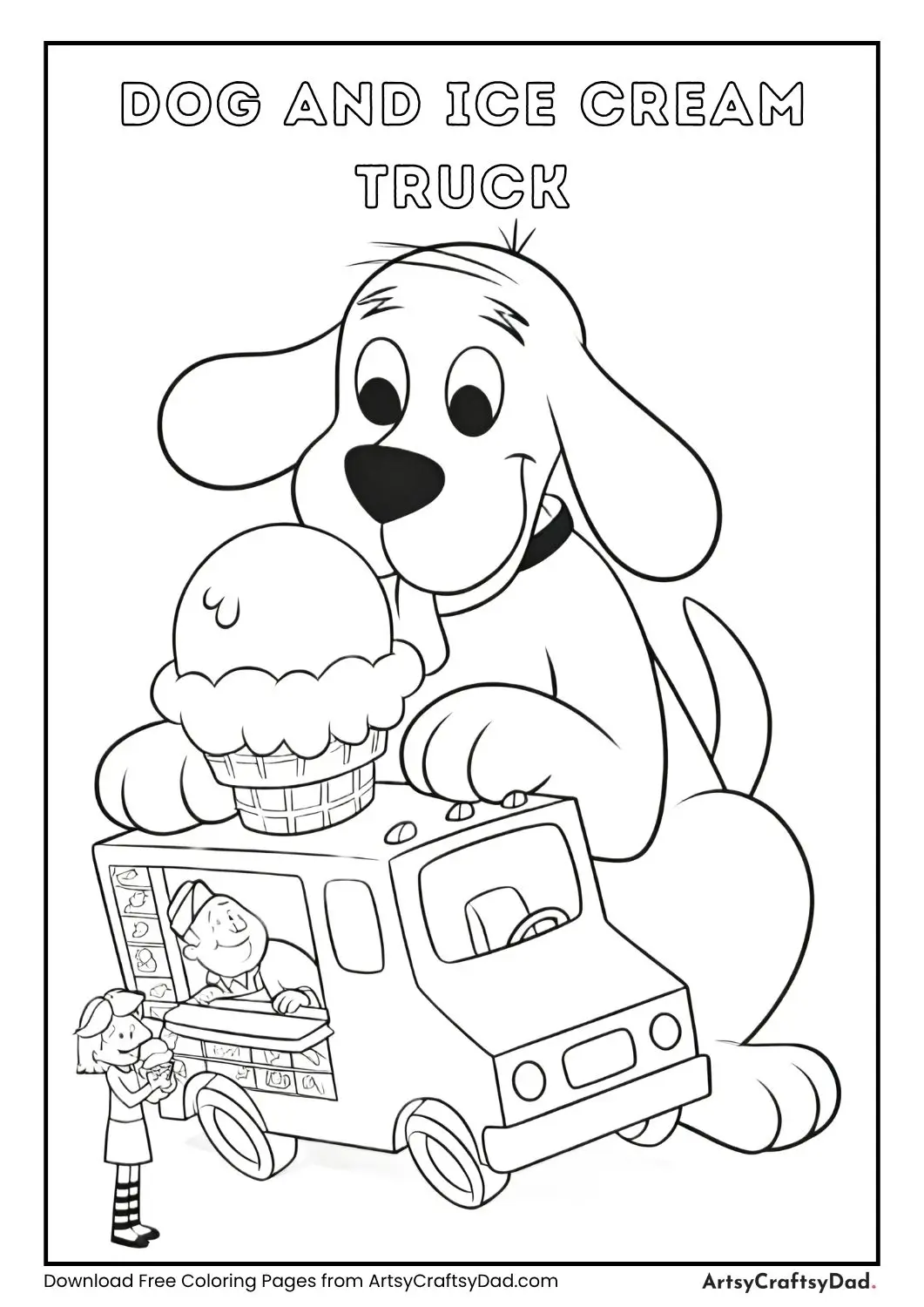 Cartoon dog leaning over an ice cream truck with a giant ice cream cone