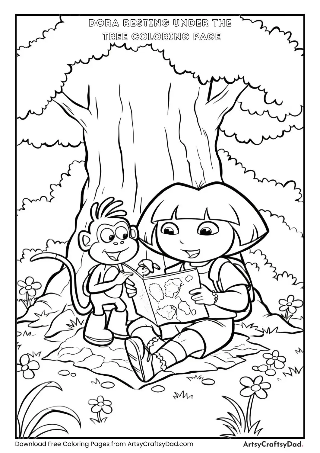 Dora and Boots sitting under a tree with a map coloring page