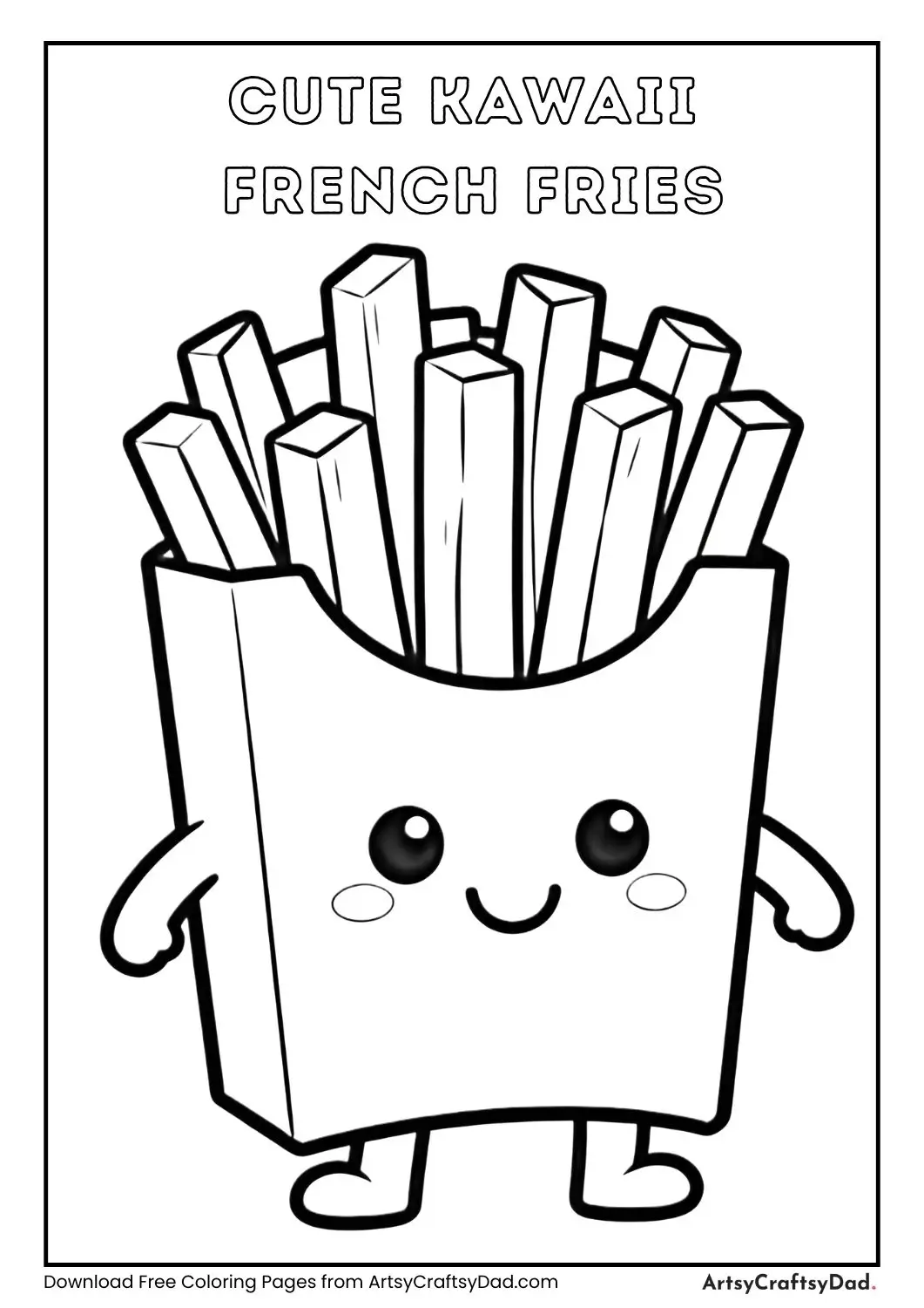Cute kawaii french fries box character coloring page with smiling face